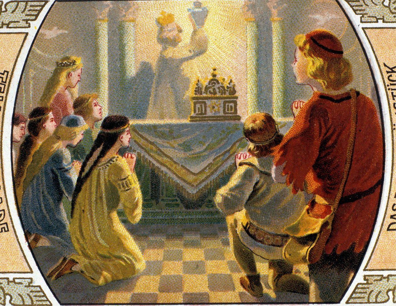 The Quest of the Holy Grail, et helligt kar, der ville have opsamlet blod fra Jesu Kristi sår under korsfæstelsen. kromolitografi fra slutningen af det 19. århundrede.. af Anonymous Anonymous