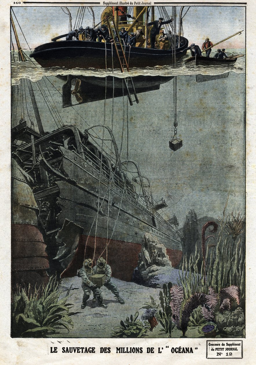 The Rescue of the Millions of the Oceana: Scaphandlers dykker ud for Eastbourne for at hente de 18 millioner metal, som det britiske linjeskib skulle transportere til Indien. Indgravering i "" Le Petite Journal"", den 19/05/1912. Privat samling. af Anonymous Anonymous