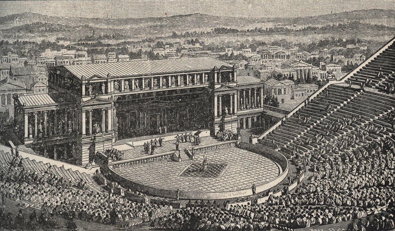 Dionysos Teater, Akropolis, Athen, Grækenland - Genopførelse af 1890 af Dionysos Teater - i Athen, det antikke Grækenland. - gravering 1890 af Anonymous Anonymous