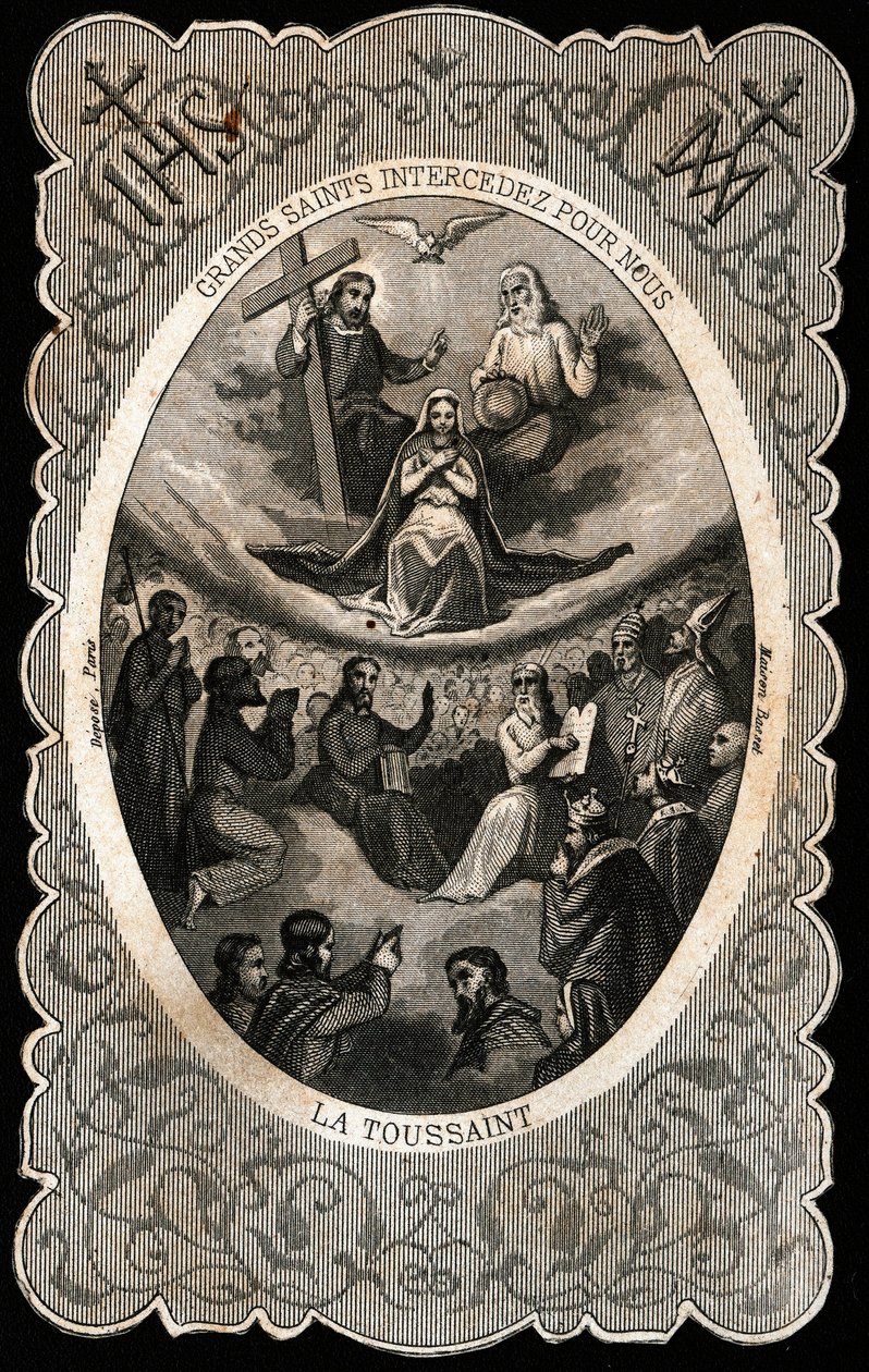 Jomfru Maria med den hellige treenighed (Gud, Jesus Kristus og Helligåndens due). Dentelee kort. 19. århundrede. Privat samling af Anonymous Anonymous