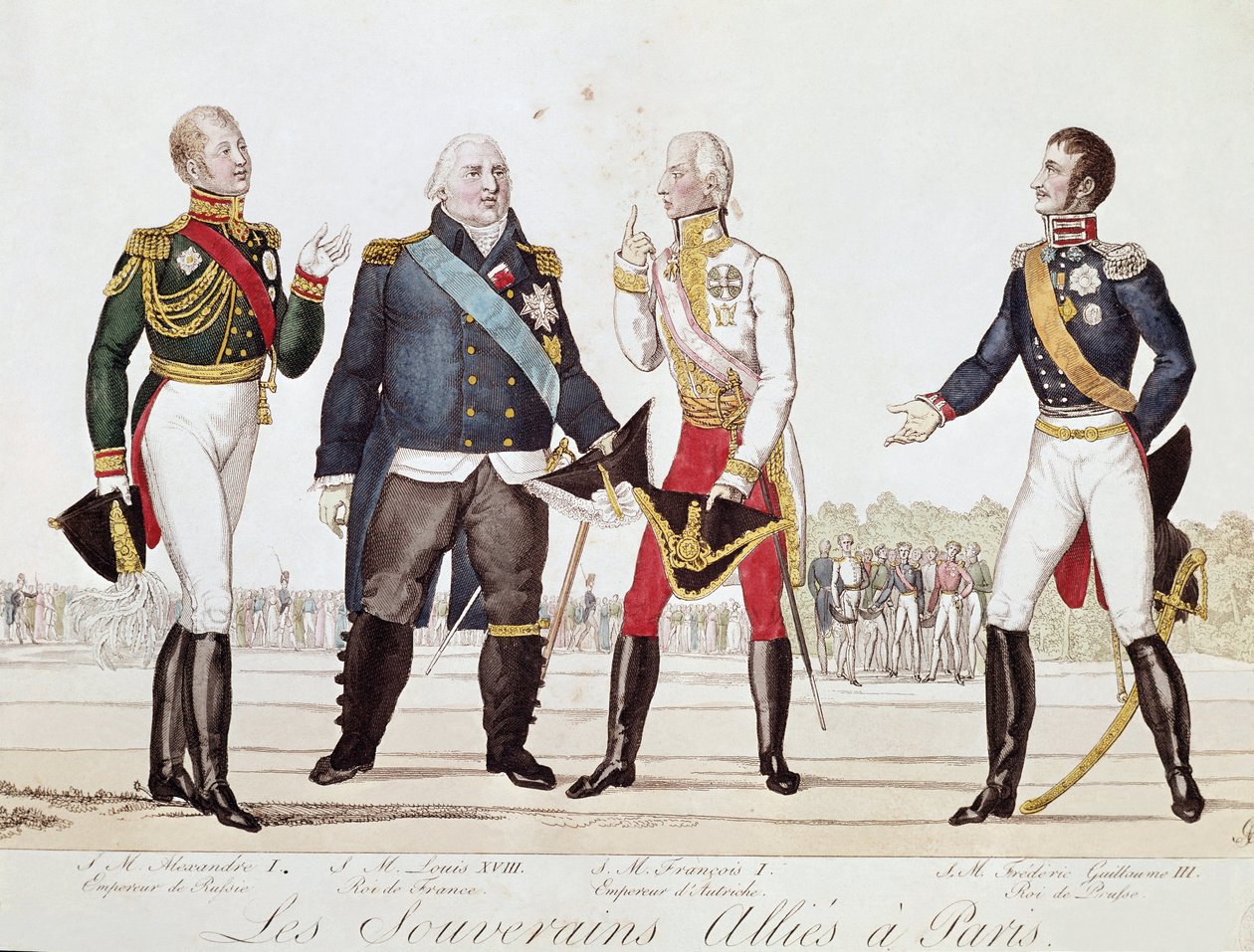 De allierede suveræner: Alexander 1. af Rusland, Ludvig XVIII af Frankrig, Francois II af Østrig og Frederik Vilhelm III af Preussen under undertegnelsen af Alliancen i Paris september 1815 (litografi). af Anonymous Anonymous