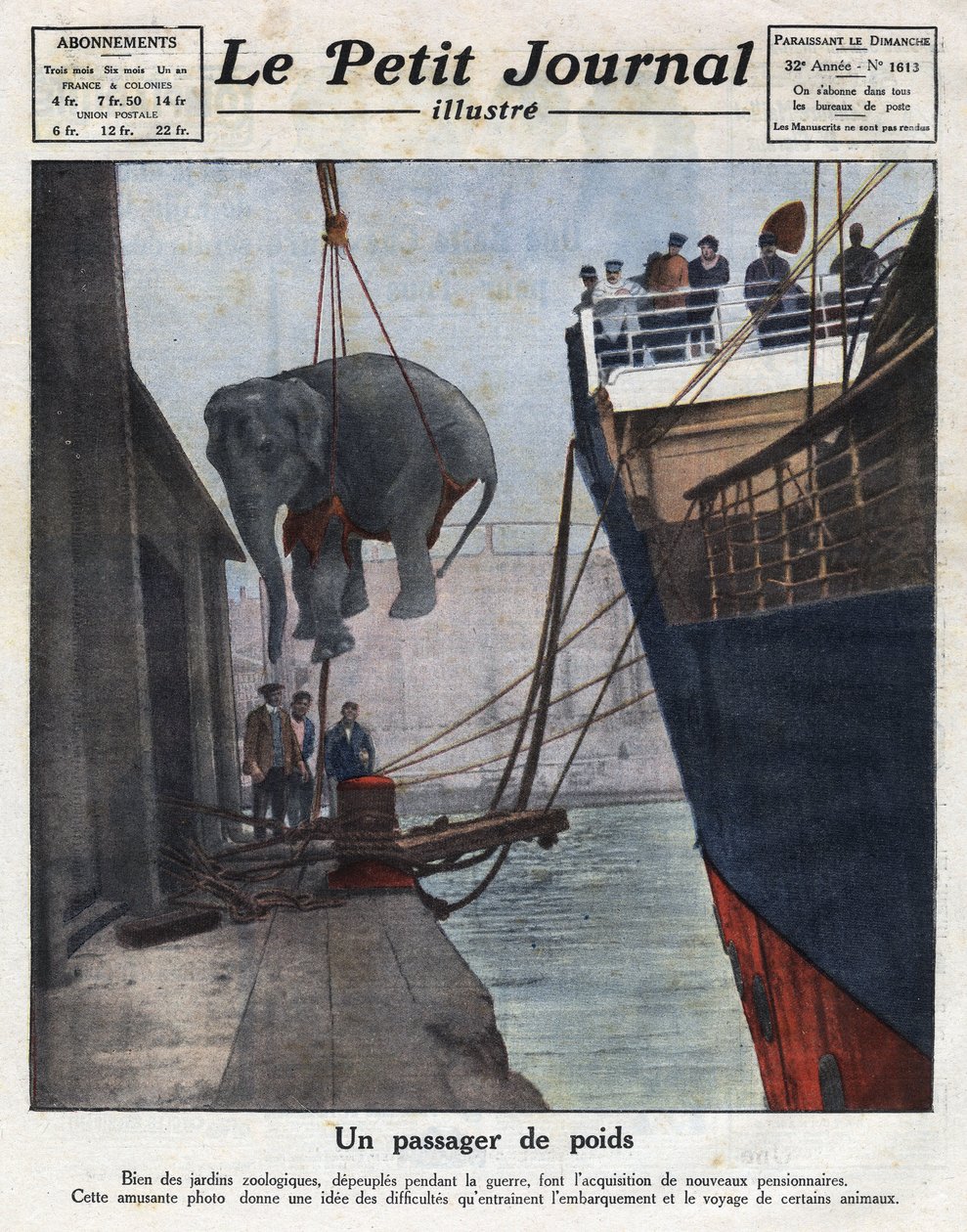 Ankomsten med båd af en elefant erhvervet af en zoologisk have af mennesker efter krigen. Illustration taget fra "" Le petit journal illustrious"" af 20/11/1921. Privat samling af Anonymous Anonymous