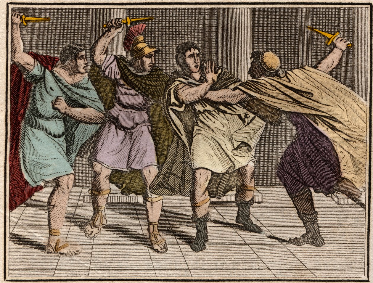 Mordet på den romerske kejser Julius Cæsar (Jules Cesar - Giulio Cesare eller Caius Julius Cæsar) den 15. marts 44 f.Kr. - Indgravering fra "" Ungdommens Rollin eller udvalgte stykker af antikke og romerske historier"" 1816 - Privat samling af Anonymous Anonymous