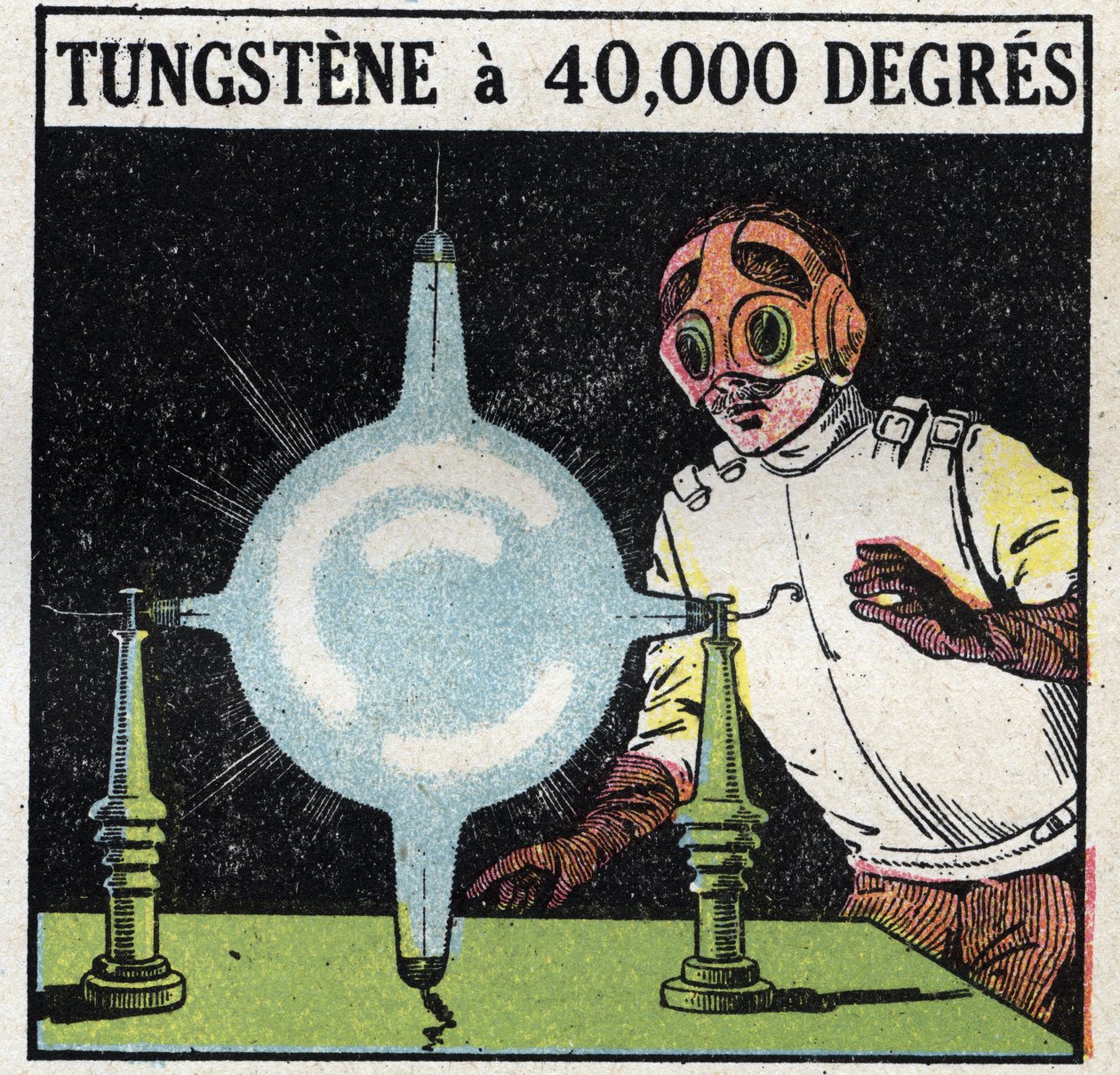 Atomet og videnskaben: forsøg på at opløse wolfram ved at fordampe en fin tråd af dette metal til 40.000 grader. Anonym illustration fra 1925. Privat samling. af Anonymous Anonymous