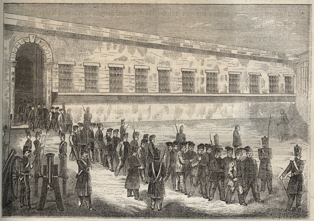 Rocheforts fængsel i det 19. århundrede. Indgravering i "Fangernes historie fra deres skabelse til i dag"" (1877) af Pierre Zaccone (1817-1895) (Colonia Penale - Straffekoloni). Privat samling. af Anonymous Anonymous