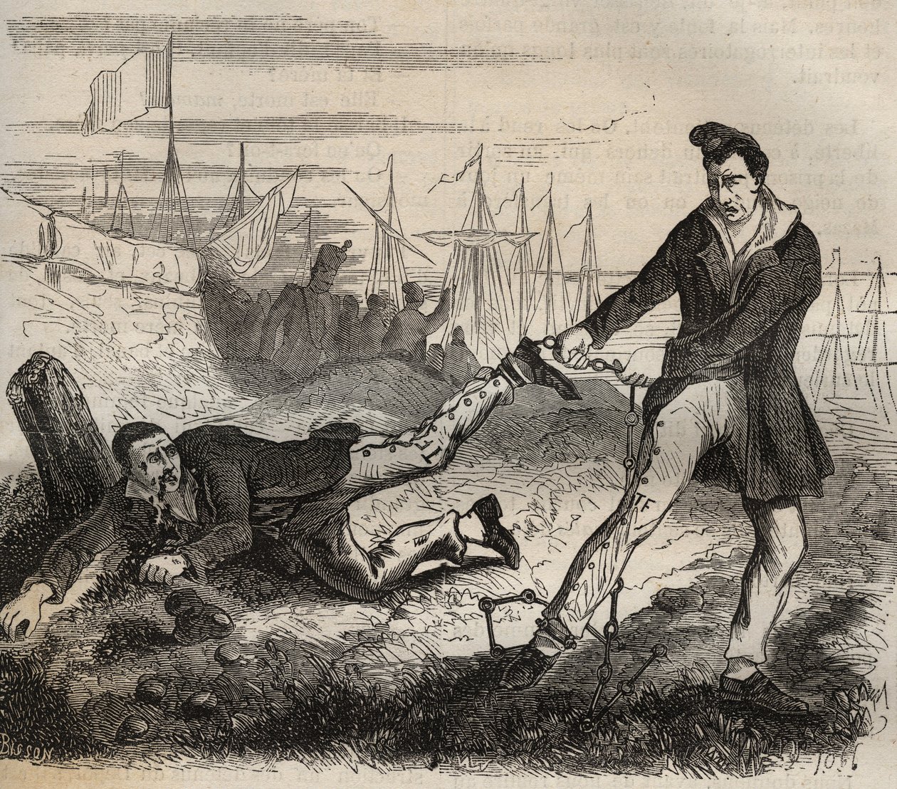 Forcatens største pine er at være miskammerat. Kamp mellem to fanger forbundet af samme kæde. Bagne de Rochefort i det 19. århundrede. Indgravering i "Historien om fængslerne fra deres skabelse til i dag"" (1877) af Pierre Zaccone (1817-1895) af Anonymous Anonymous