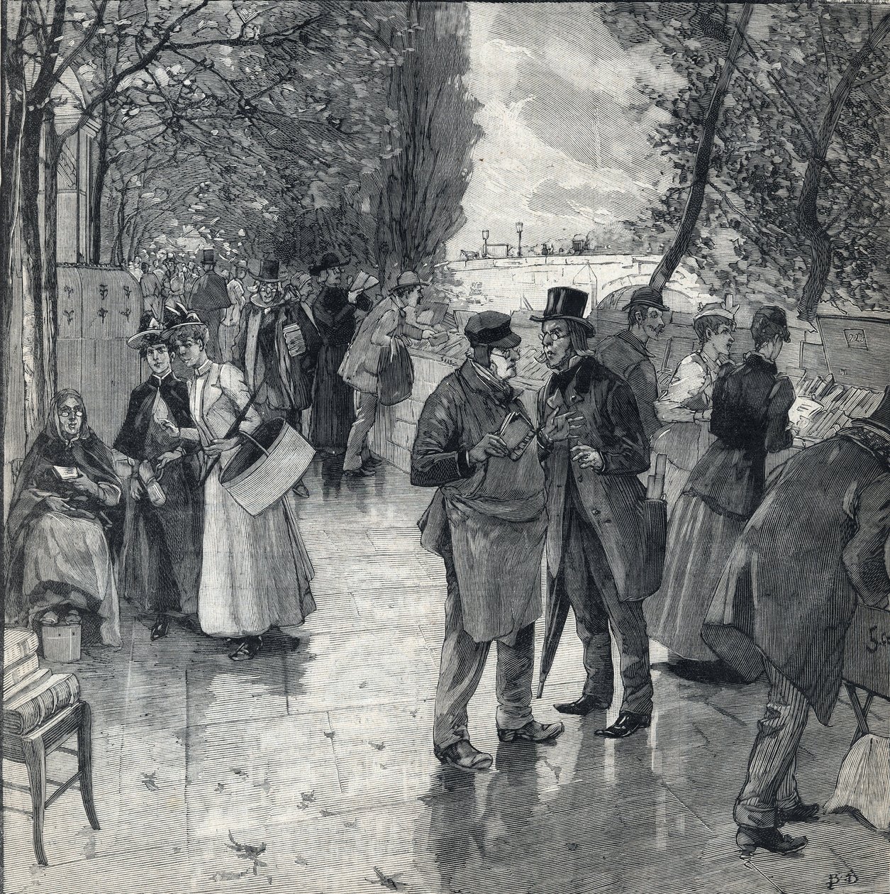 Bog-bog-vandringen på bredden af kajen i Paris. Indgravering i "" Le petit parisien"" den 30/10/1892. Privat samling af Anonymous Anonymous