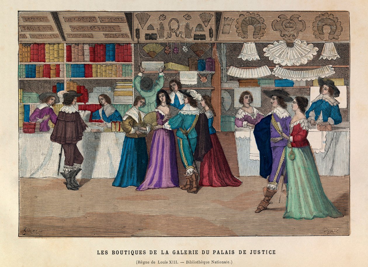 Butikkerne i Palais de Justice-galleriet i Paris under kong Louis XIII