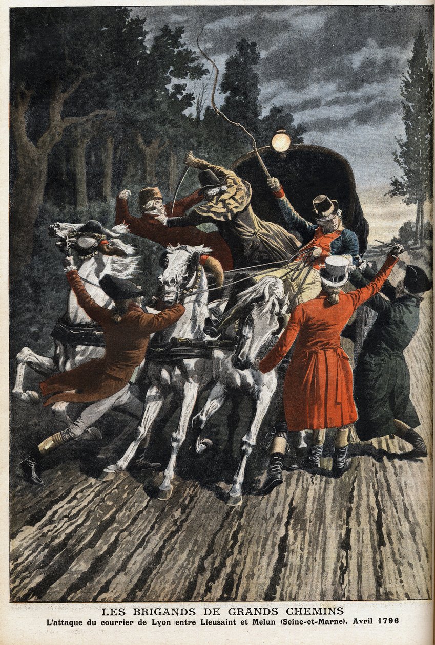 Motorvejenes soldater: angrebet af Lyon-posten mellem Lieusaint og Melun (Seine Et Marne) i april 1796. Indgravering i "" Le Petite Journal" af Anonymous Anonymous