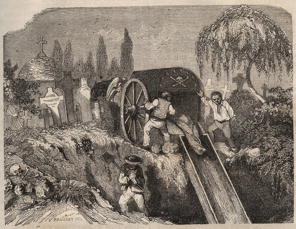 Kirkegården i Brest Bagne i det 19. århundrede. Indgravering i "Fangernes historie fra deres skabelse til i dag"" (1877) af Pierre Zaccone (1817-1895) (Colonia Penale - Straffekoloni). Privat samling. af Anonymous Anonymous
