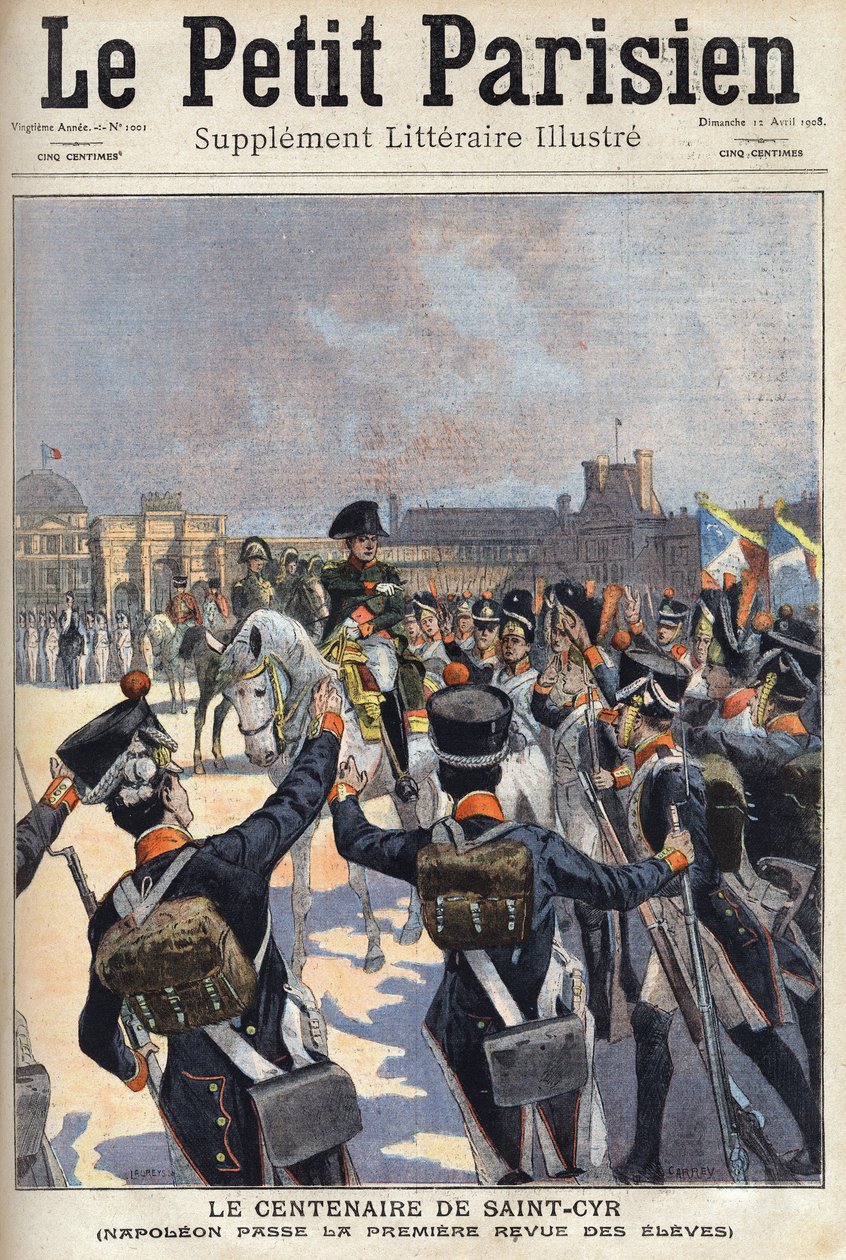 Hundredåret for Saint Cyr (Saint-Cyr): Napoleon I Bonaparte (1769-1821) bestod den første anmeldelse af militærskolens elever. En af avisen "" Le petit parisien"" den 12/04/1908. Privat samling. af Anonymous Anonymous