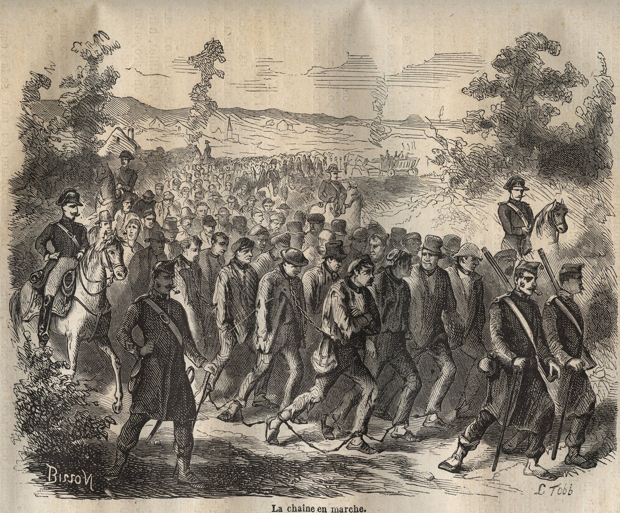 Kæden startede i Toulon Bagne i det 19. århundrede. Indgravering i "Fangernes historie fra deres skabelse til i dag"" (1877) af Pierre Zaccone (1817-1895) (Colonia Penale - Straffekoloni). Privat samling. af Anonymous Anonymous