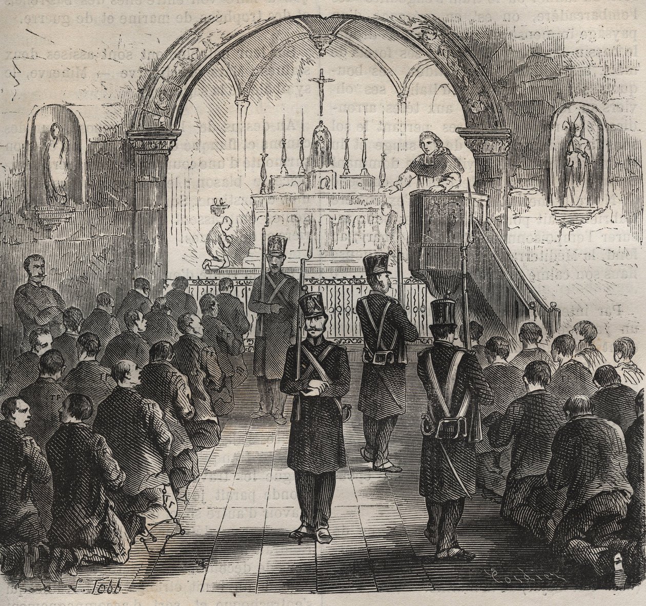 Kapellet i Toulon-fængslet i det 19. århundrede. Indgravering i "Fangernes historie fra deres skabelse til i dag"" (1877) af Pierre Zaccone (1817-1895) (Colonia Penale - Straffekoloni). Privat samling. af Anonymous Anonymous