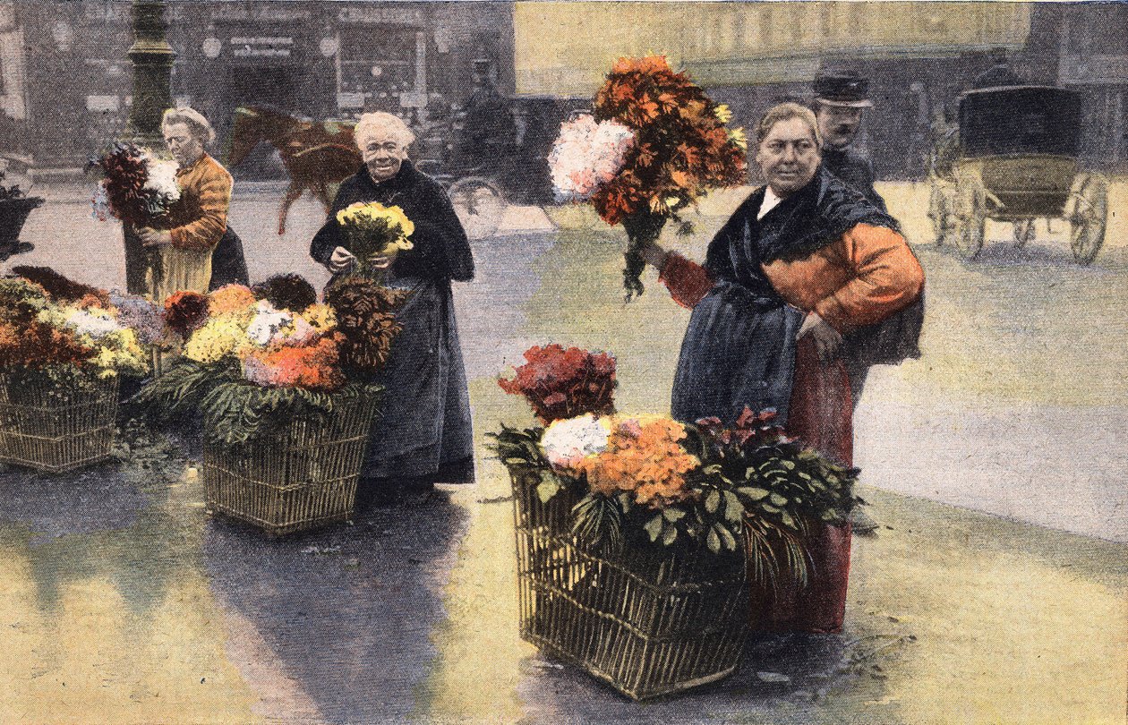 Krysantemfesten: krysantemkøbmand på gaden. Gravering. En af avisen "" Le petit parisien"" den 20.11.1910. Privat samling. af Anonymous Anonymous