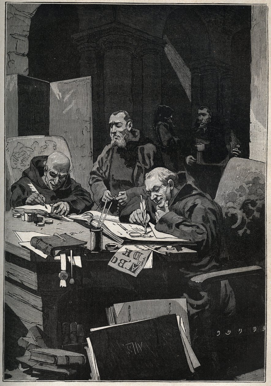 Krysografen: kopierede munke, der udfører belysninger med guldbogstaver i middelalderen. Indgravering fra 1885 i "" Les arts et metiers illustres"" af Adolphe BITARD. af Anonymous Anonymous