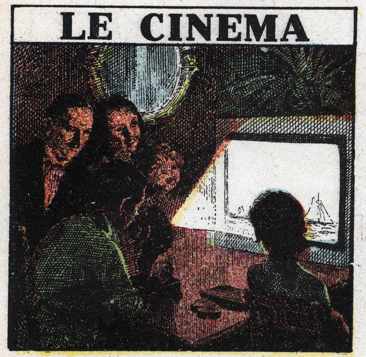 Biografen: en familie, der ser en film på en skærm. Anonym illustration fra 1925. Privat samling. af Anonymous Anonymous