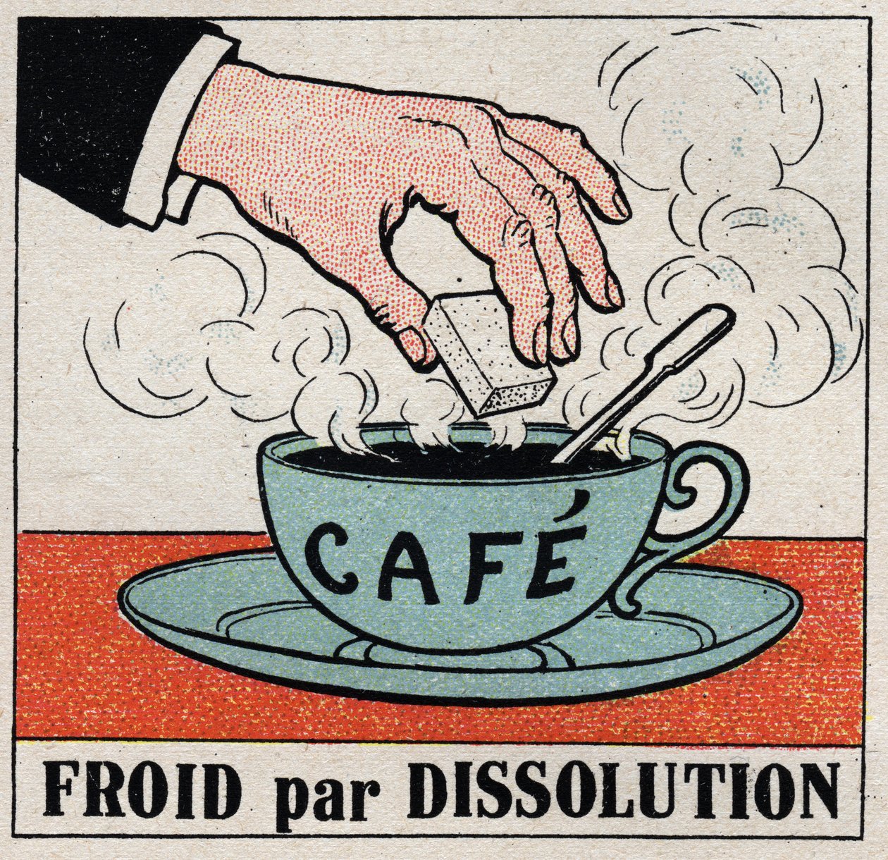Den kolde industri: kold ved opløsning. At putte et sukker i en kop varm kaffe gør kaffen kølig. Anonym illustration fra 1925. Privat samling. af Anonymous Anonymous