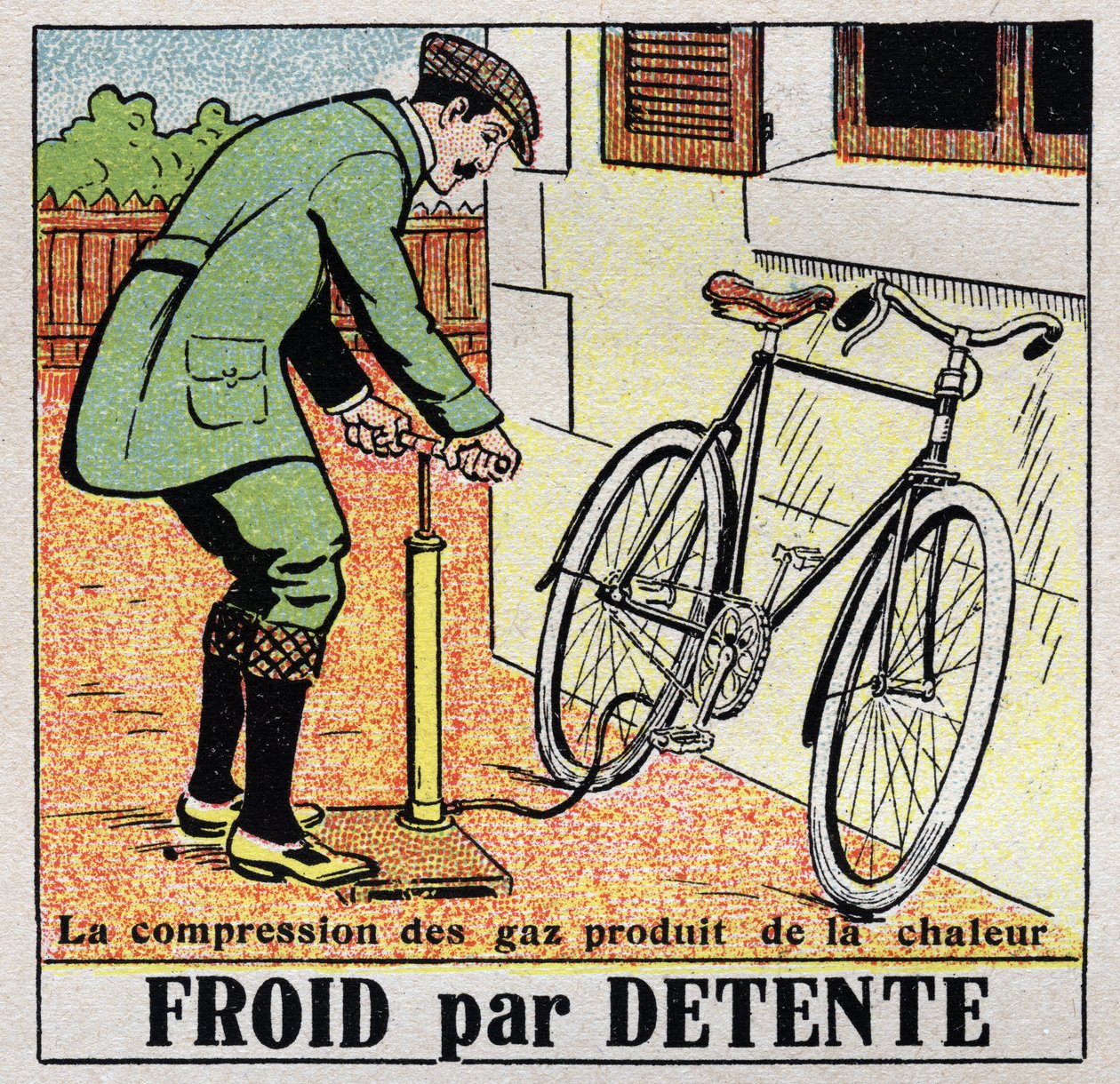 Den kolde industri: kold til afslapning. Afslapningen af gasserne producerer kulde, mens deres kompression producerer varme, som når man pumper et cykeldæk op. Anonym illustration fra 1925. Privat samling. af Anonymous Anonymous