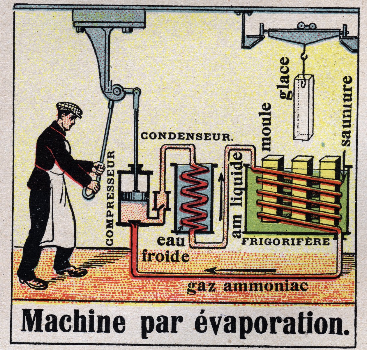 Den kolde industri: tværsnit af en fordampningsmaskine. Anonym illustration fra 1925. Privat samling. af Anonymous Anonymous