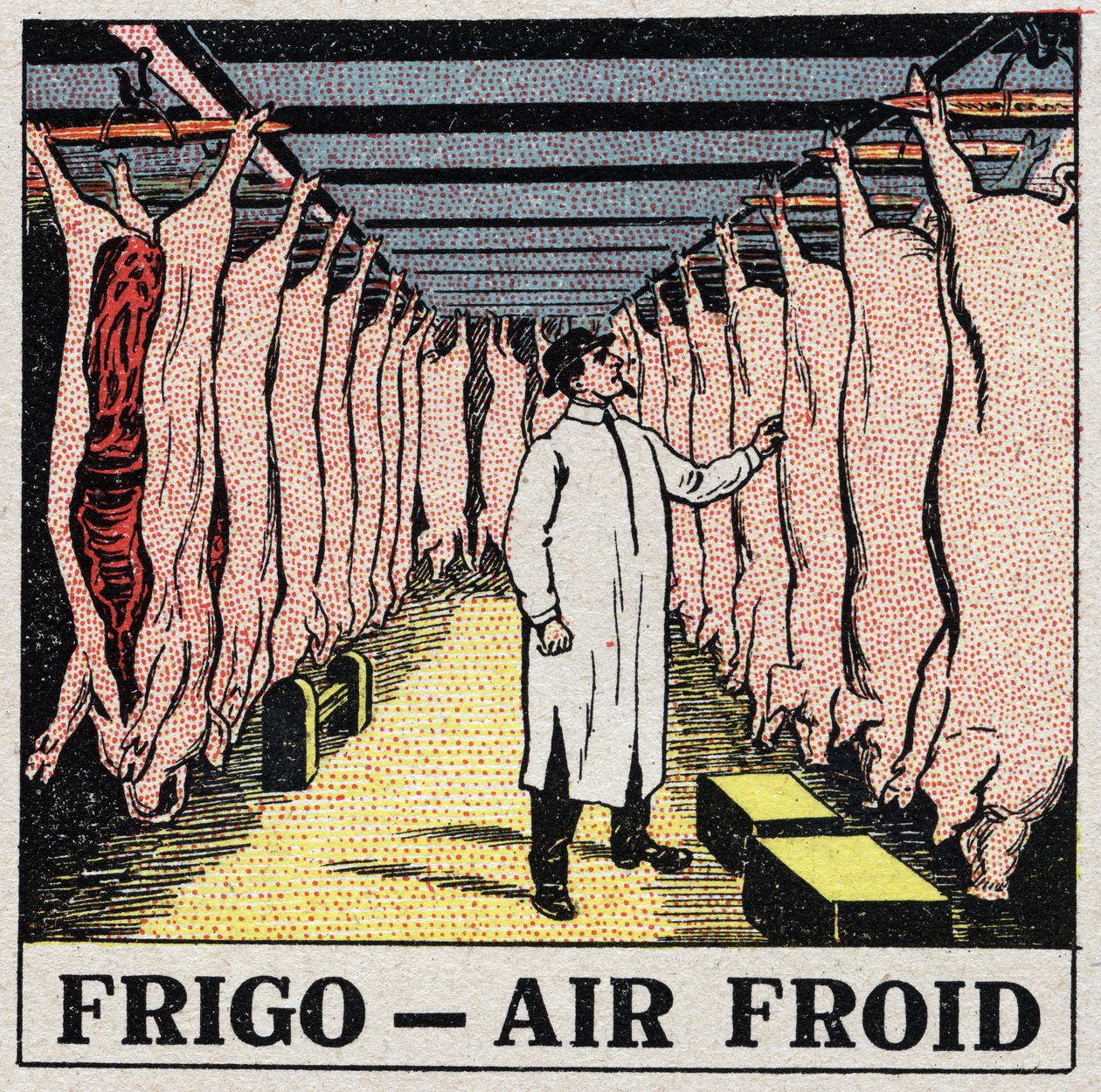 Den kolde industri: opbevaring af kød i køleskabe. Anonym illustration fra 1925. Privat samling. af Anonymous Anonymous