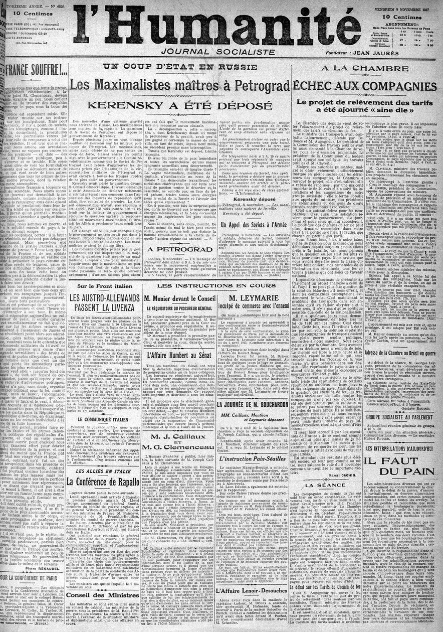 Kuppet i Rusland på overskrifterne på den socialistiske avis "Humanity"". Overskrifter:"" Mestermaksimalisterne i Petrograd", "" Kerensky blev deponeret""" (Kerenski), den 9/11/1917. af Anonymous Anonymous