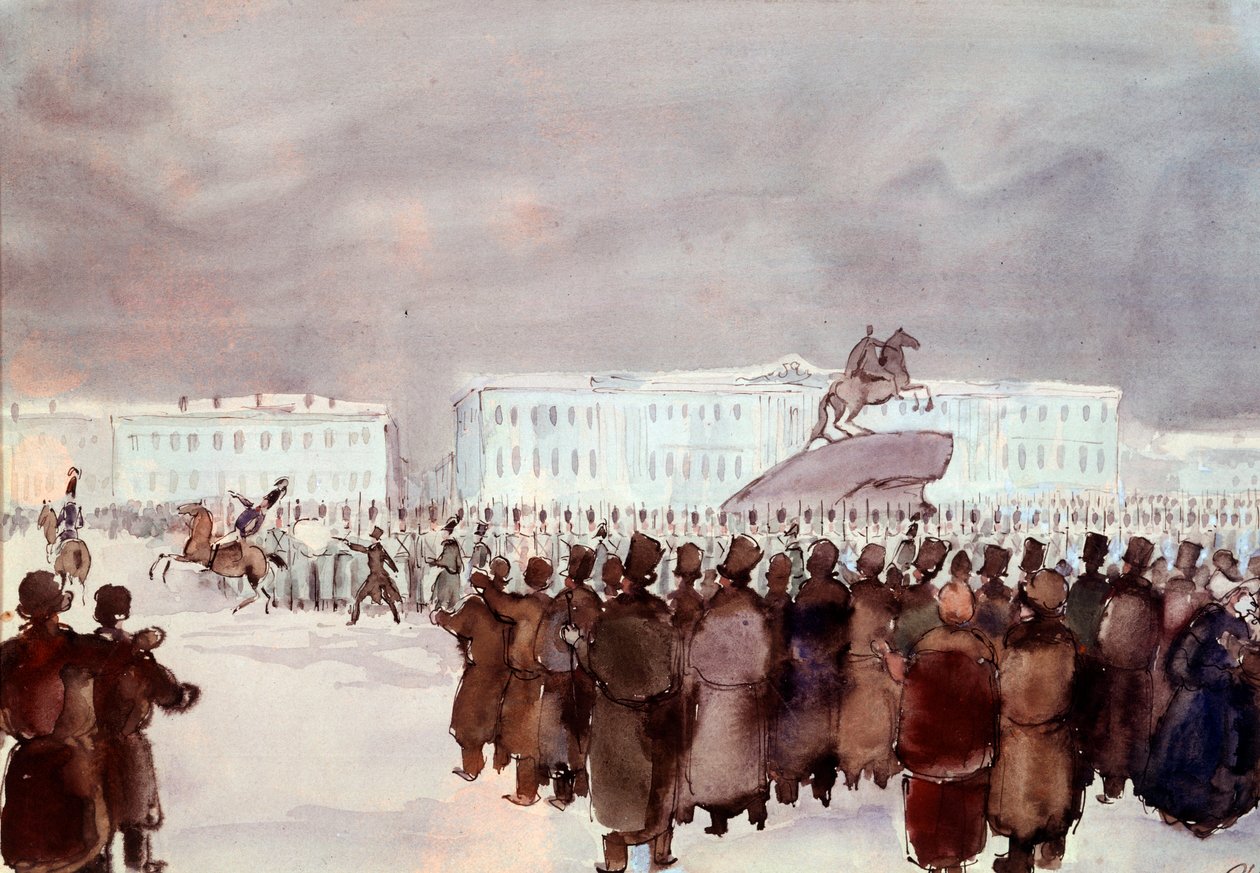 Folkemængden på Senatpladsen under Decembrist-oprøret i 1825. Decembrist- eller Decabrist-medlemmer af et hårdt undertrykt kupforsøg organiseret i Skt. Petersborg den 14. december 1825 for at få en forfatning fra den kommende zar for at modernisere regimet af Anonymous Anonymous