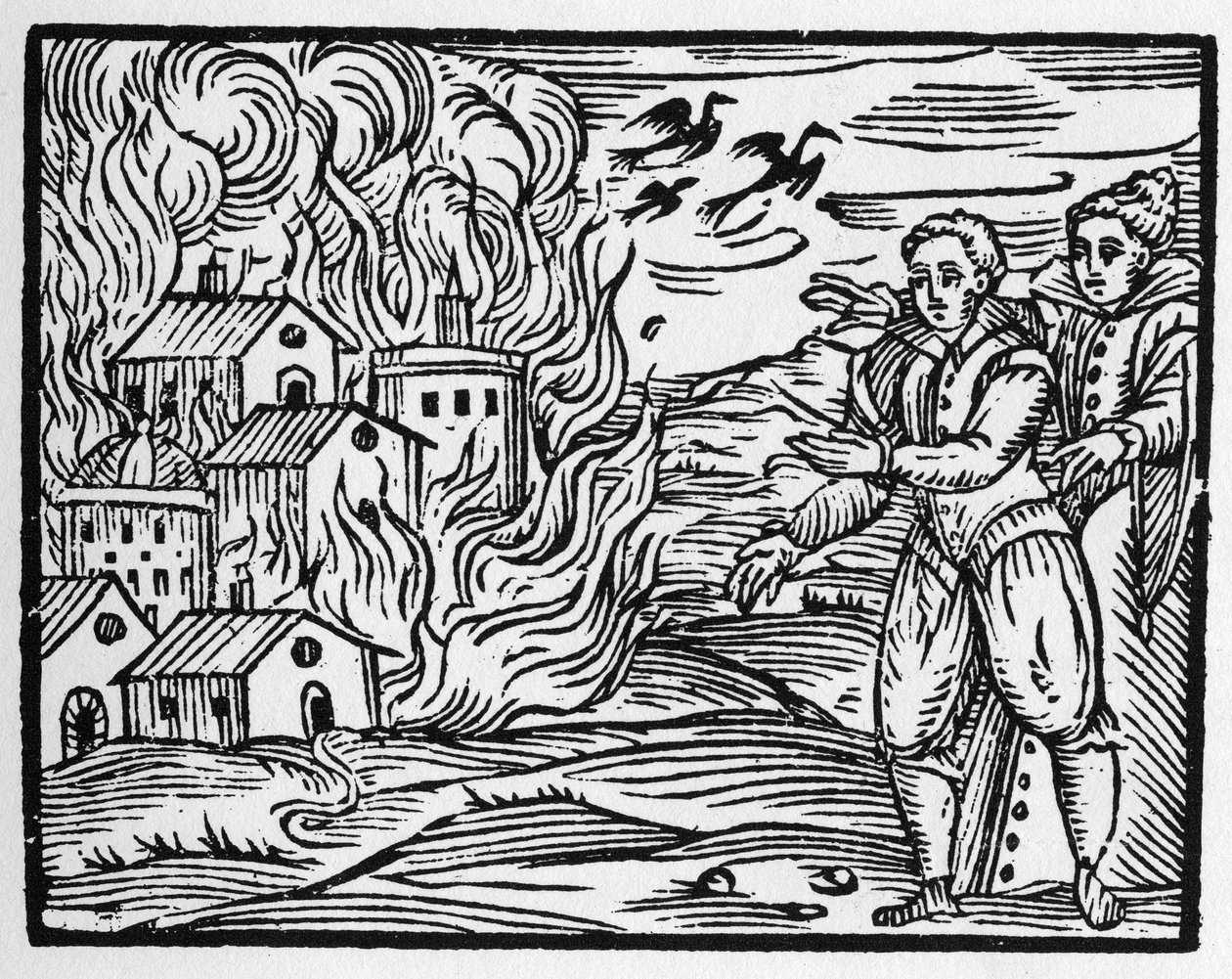 Troldmændenes forbandelse, der brænder byen - "" Compendium Maleficarum"", omhandler hekse, deres ondskab og deres sortileges af Francesco Maria Guazzo eller Guaccio eller Guaccius (15?? -16??) 1608 privatsamling af Anonymous Anonymous