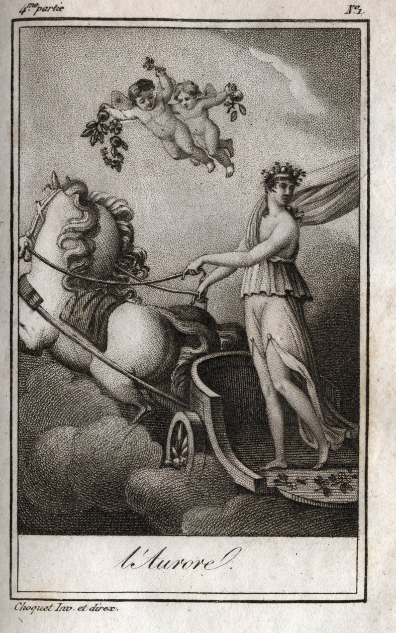 Daggry (Apollo leder solens vogn). Allegori om solopgang. Stik fra 1819 i "Lettres a Emilie sur la mythologie" af Charles Albert Demoustier (1760-1801). Privat samling. af Anonymous Anonymous