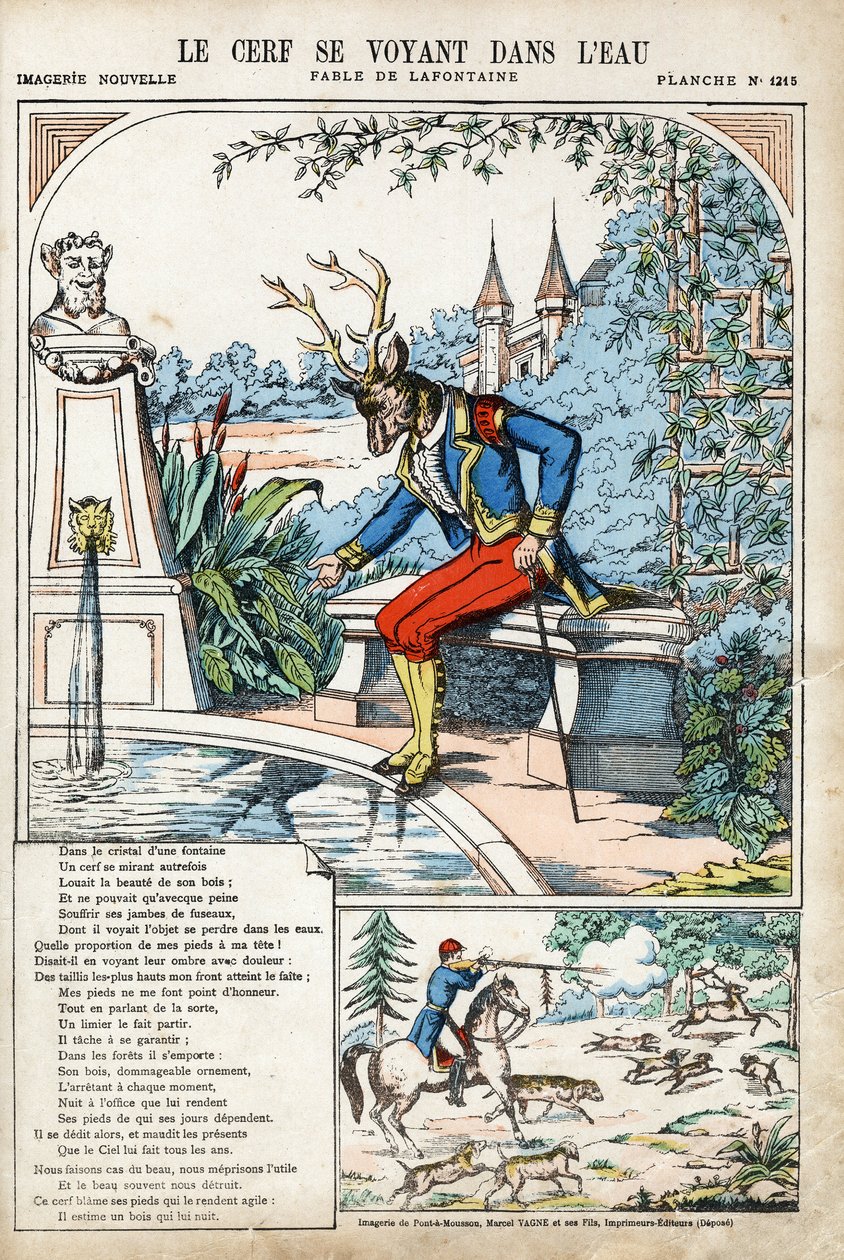 Hjortene ser sig selv i vandet. Anonym illustration til Les Fables af Jean de LA FONTAINE (Lafontaine) (1621-1695). Billeddannelse af Pont-a-Mousson, ca. 1880. Privat samling. af Anonymous Anonymous