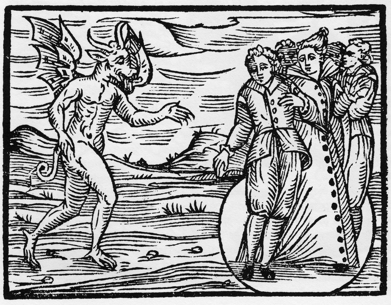 Djævelen forpligter dem, der fik ham til at dukke op, til at indgå en pagt med ham - "Compendium Maleficarum", omhandler hekse, deres ondskab og deres sortileges af Francesco Maria Guazzo eller Guaccio eller Guaccius (15?? -16??) 1608 Privatsamling af Anonymous Anonymous