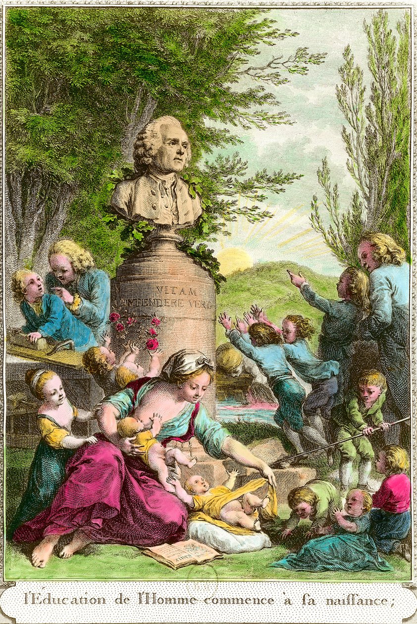 Uddannelsen af mennesket begynder ved dets fødsel: mødre med deres børn, sammen med en buste til hyldest til den schweiziske filosof Jean Jacques Rousseau (1712-1778). Indgravering af privatsamlingen fra det 18. århundrede af Anonymous Anonymous