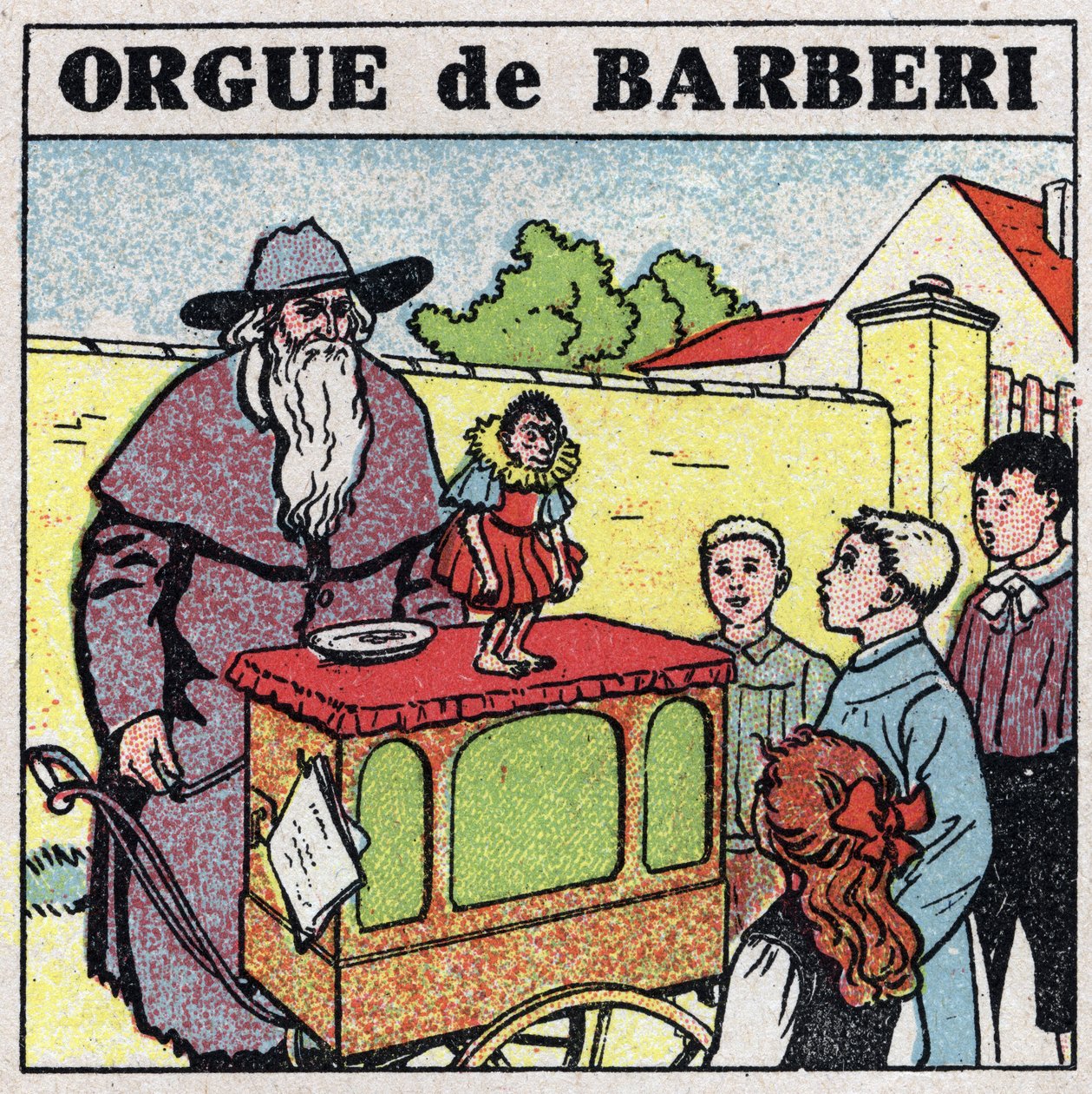 Musikkens virkning: en stikkende orgelspiller og en abe underholder børn på en gade. Anonym illustration fra 1925. Privat samling. af Anonymous Anonymous