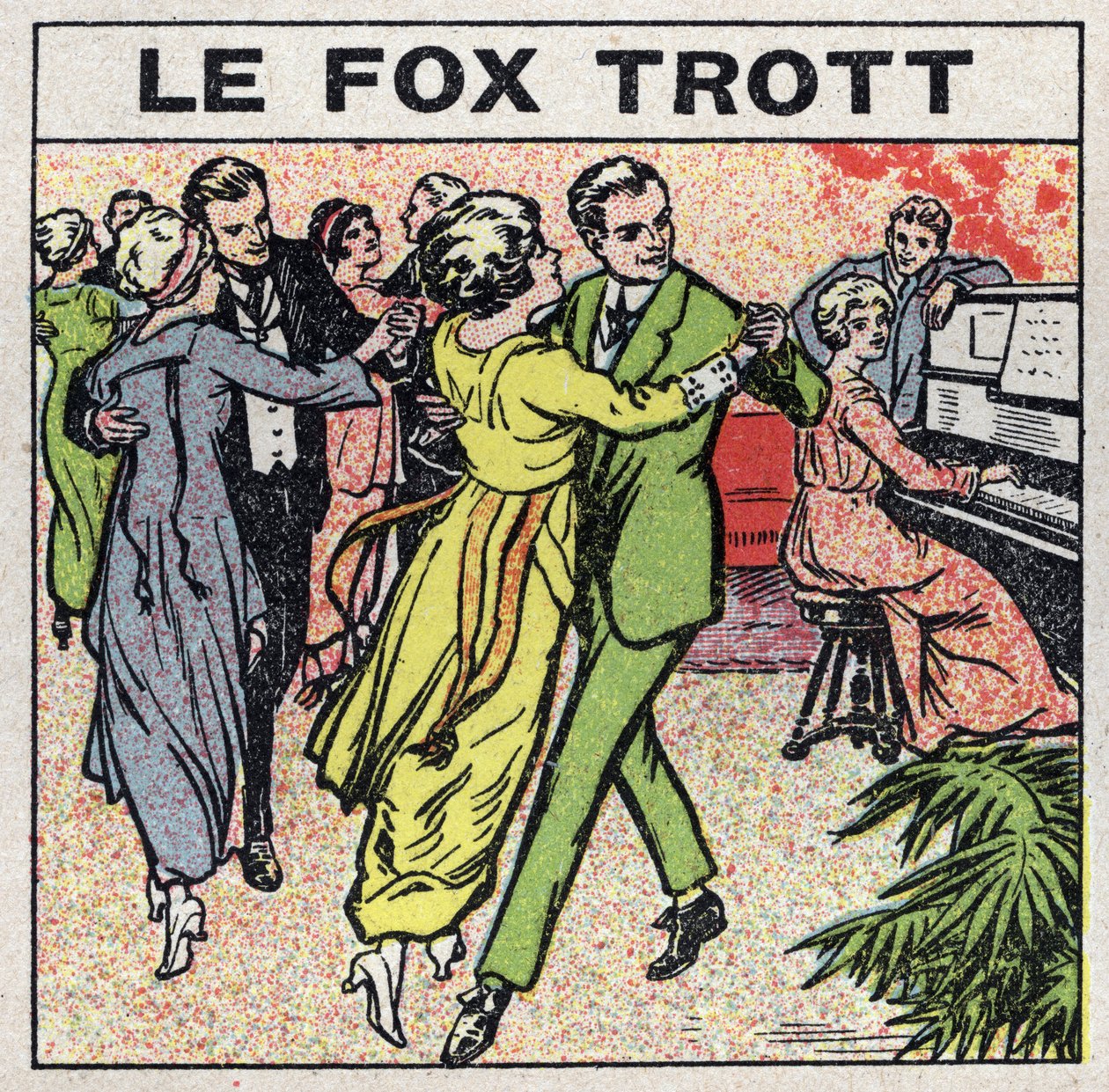 Musikkens virkning: par danser rævetrav (Rævetrav) i en social aften. Anonym illustration fra 1925. Privat samling. af Anonymous Anonymous