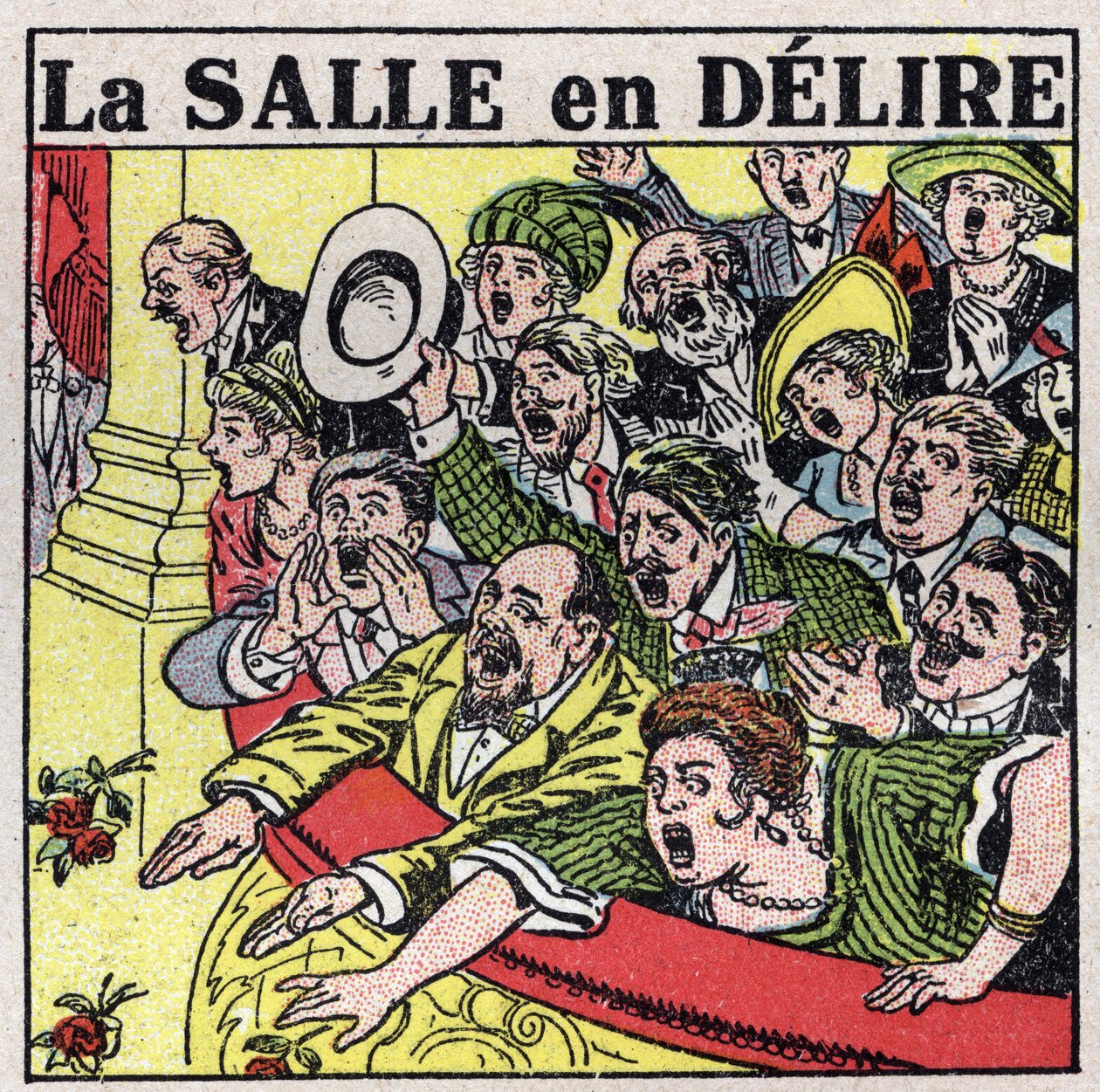 Musikkens virkning: tilskuere af et teater udtrykker deres glæde med råb, klapsalver og blomstrende blomster. Anonym illustration fra 1925. Privat samling. af Anonymous Anonymous