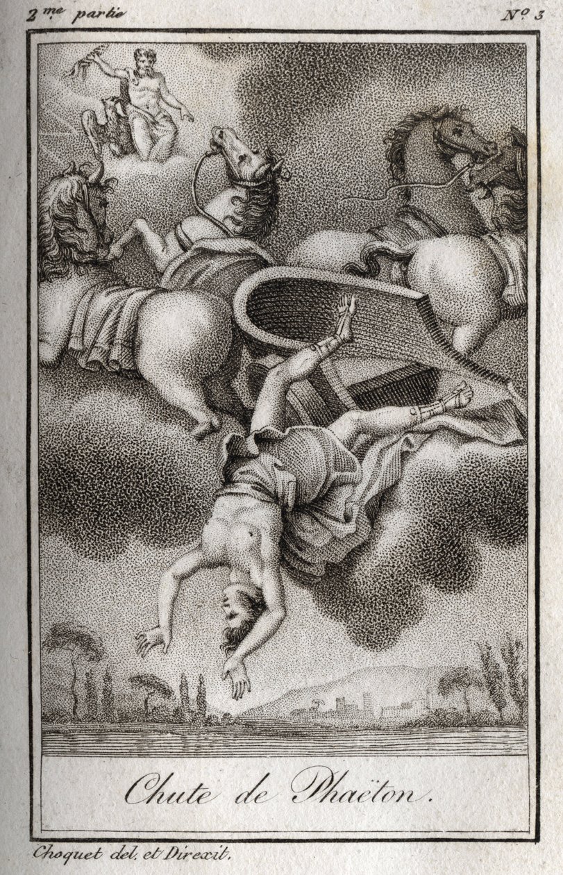 Faldet af Phaeton Phaeton (Phaethon), ude af stand til at kontrollere Helios-tanken, blev ramt af Zeus og faldt i Eridan-floden. Stik fra 1819 i "Lettres a Emilie sur la mythologie" af Charles Albert Demoustier (1760-1801). Privat samling. af Anonymous Anonymous
