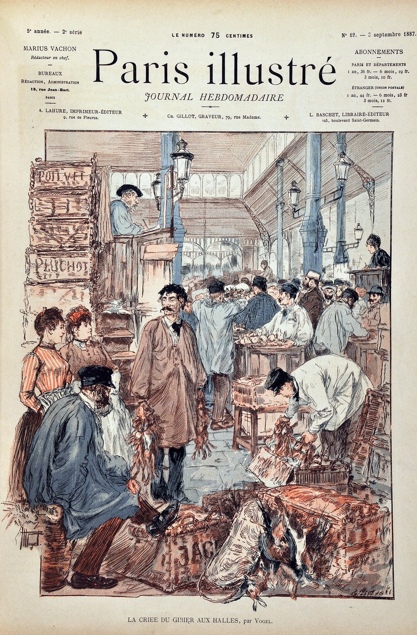 Game criee i Halles de Paris i 1887. Illustration af Hermann Vogel (1856-1918). Indgravering fra 1887 i "" Paris-Illustrous journal weekly"". af Anonymous Anonymous
