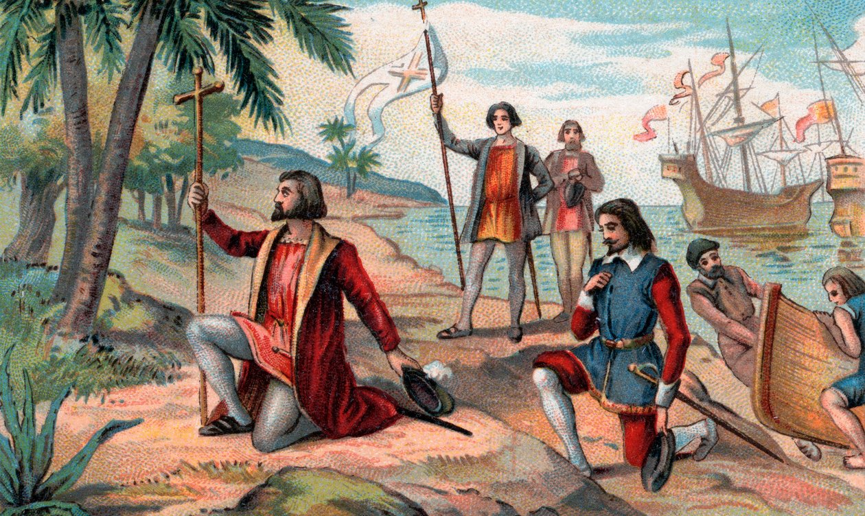 Landingen af Christopher Columbus (Christopher Columbus, Cristoforo Colombo, Cristobal Colon) (1451-1506) i den nye verden af Anonymous Anonymous