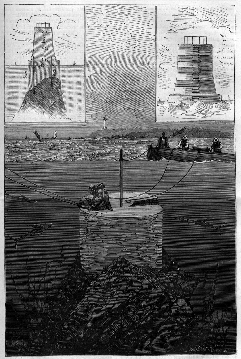 Lavezzis fyrtårn: Konstruktion af Lavezzi-øernes tårnfyrtårn på niveau med detroit, der adskiller Korsika fra Sardinien i Middelhavet bygget i 1874 af den nationale flåde efter Semillantes forlis i 1. af Anonymous Anonymous