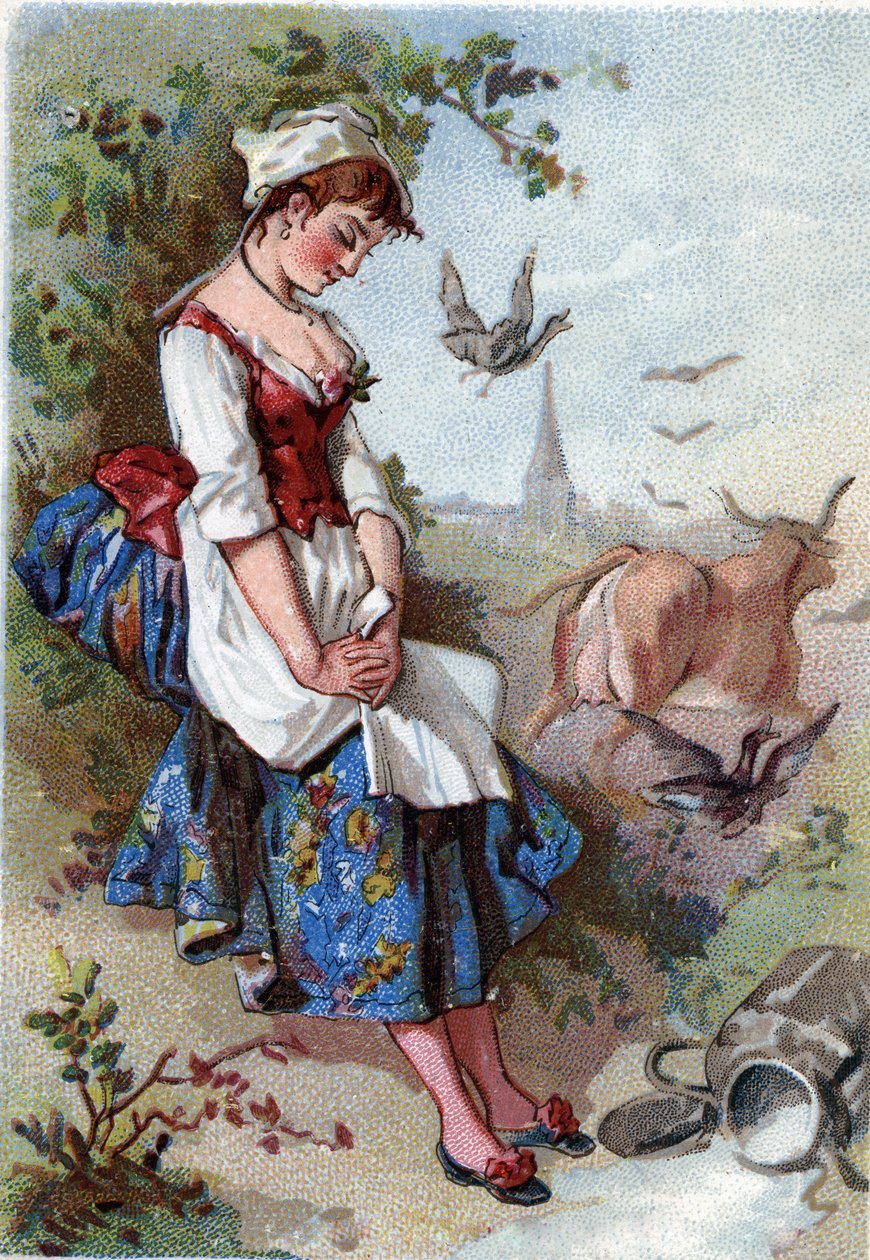 Mælken og mælkegryden. Fabel af Jean de La Fontaine (Lafontaine) (1621-95). Kromolitografi af det 19. århundrede. Privat samling. af Anonymous Anonymous