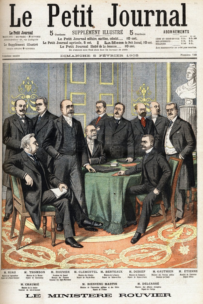 Rouviers ministerium: Nederst fra venstre mod højre: Joseph Ruau (1865-1923), landbrugsminister, Gaston Thomson (1848-1932), minister for marine, Maurice Rouvier (1842-1911), formand for Rådet og Finansminister Etienne Clementel (186 af Anonymous Anonymous