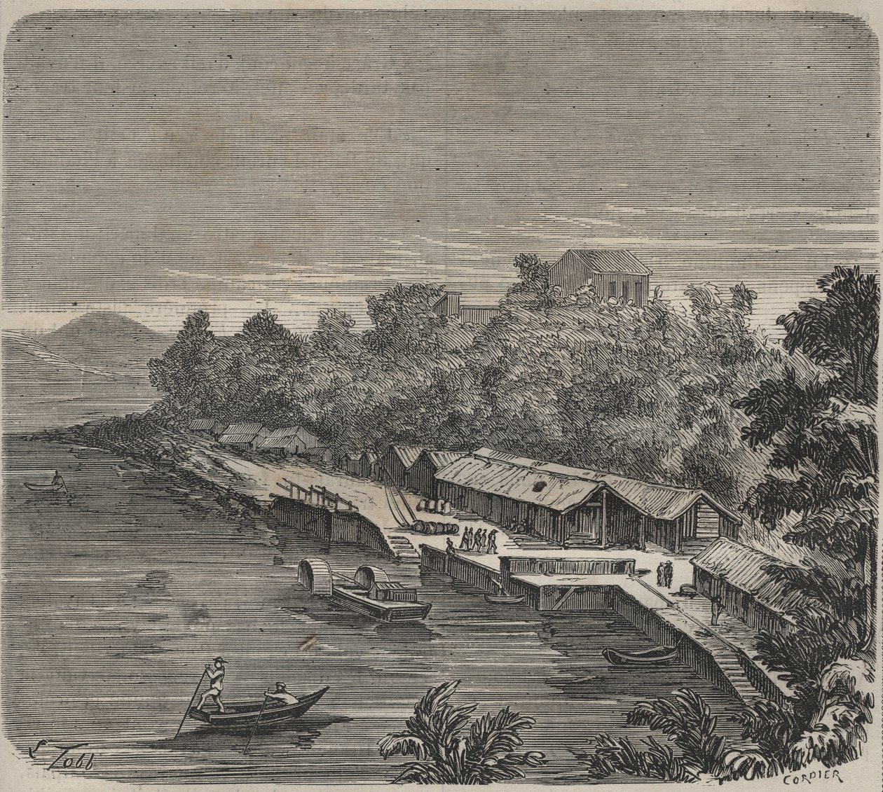 Fængselsanstalten Saint-Laurent i Cayenne (Fransk Guyana) i det 19. århundrede. Indgravering i "Historien om fængslerne fra deres skabelse til i dag"" (1877) af Pierre Zaccone (1817-1895) (Colonia Penale - Straffekoloni) af Anonymous Anonymous