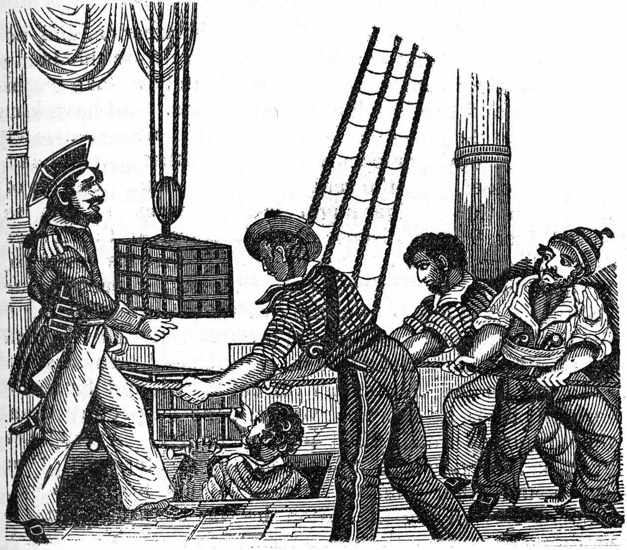 Piraten "" Long Ben"" John Avery (gjorde i 1643) lastede tre kasser med treasor (guld og sten) på sit skib. Indgravering af "" Piratens egen bog "" 1837. af Anonymous Anonymous
