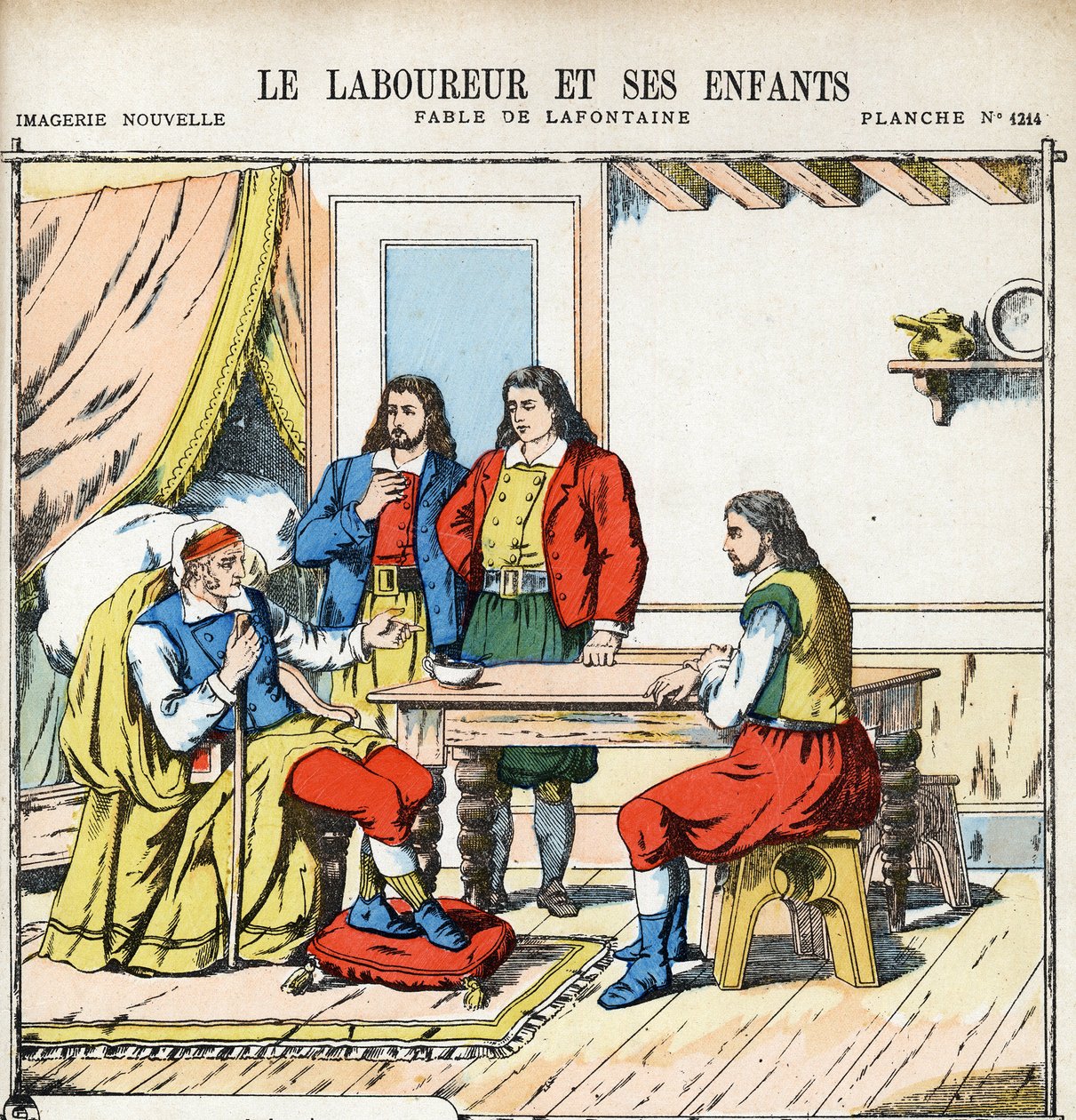 Ploveren og hans børn. Anonym illustration til Les Fables af Jean de LA FONTAINE (Lafontaine) (1621-1695). Billeddannelse af Pont-a-Mousson, ca. 1880. Privat samling. af Anonymous Anonymous