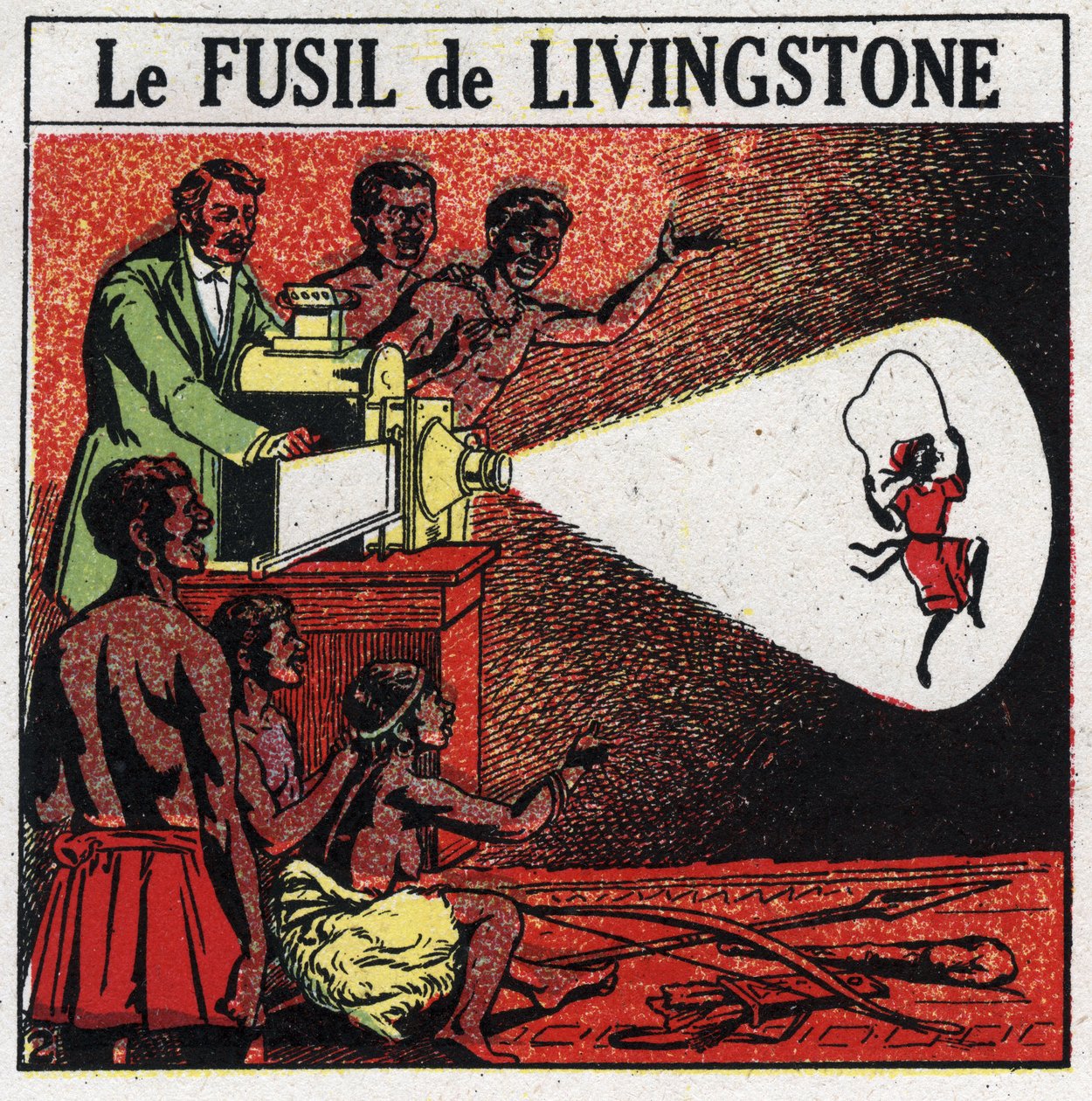 Projektionen: Livingstones riffel. David Livingstone (1813-1873) Skotsk missionær og opdagelsesrejsende med den magiske lanterne i Balonda-stammen i Afrika. Anonym illustration fra 1925. Privat samling. af Anonymous Anonymous