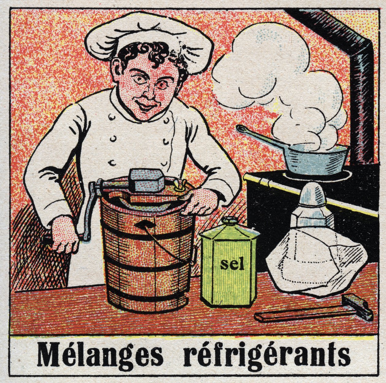 Køleindustrien: kølemiddelblandinger, der bruges til madlavning. Anonym illustration fra 1925. Privat samling. af Anonymous Anonymous