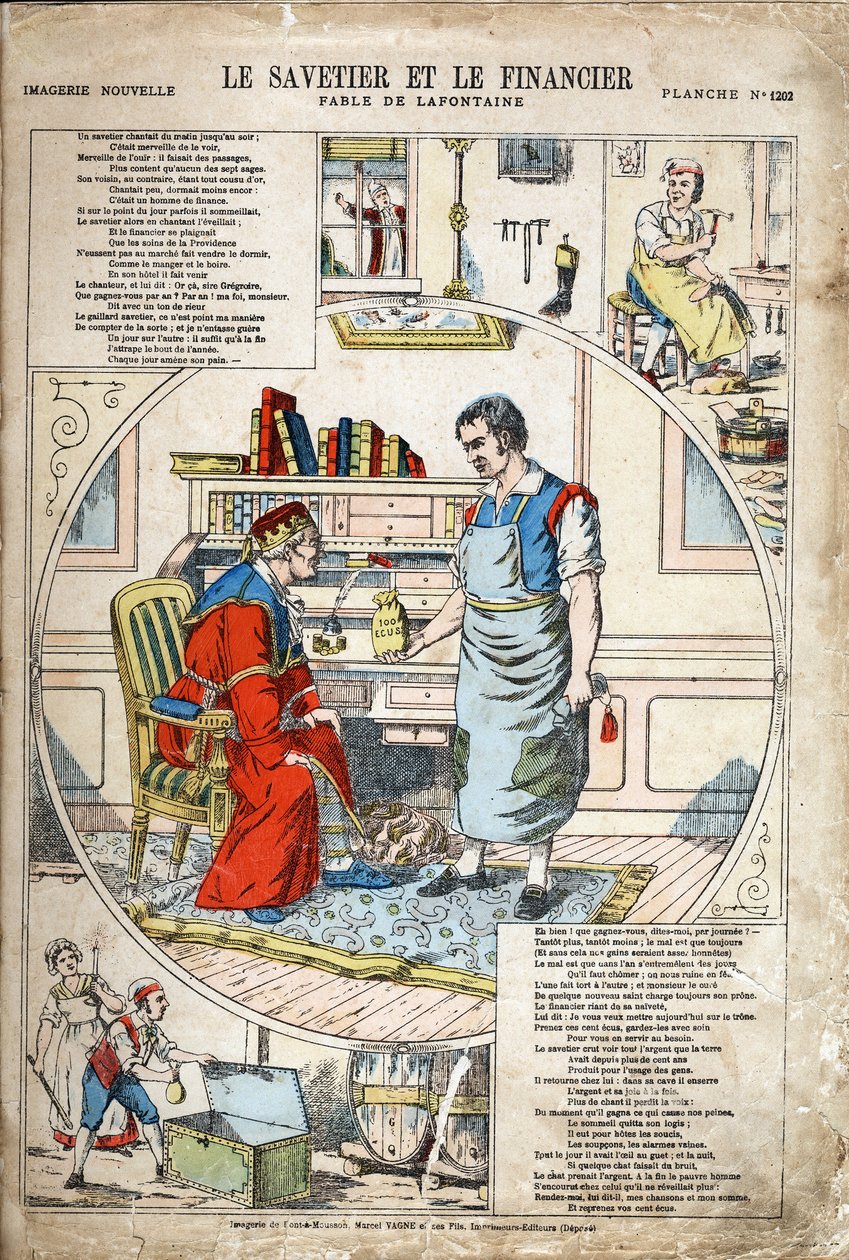 Spareren og finansmanden. Anonym illustration til Les Fables af Jean de LA FONTAINE (Lafontaine) (1621-1695). Billeddannelse af Pont-a-Mousson, ca. 1880. Privat samling. af Anonymous Anonymous
