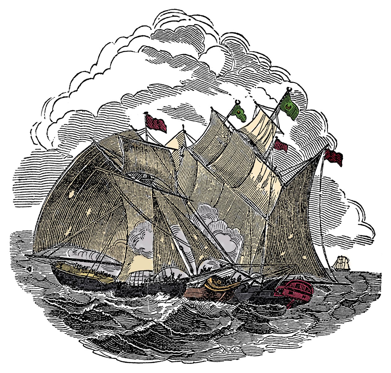 Piratens skib Henry Every (John Avery, Long Ben, Benjamin Bridgeman) (? -1695) angreb i september 1695 flåden af den store Mughal Aurangzeb Aurangzeb (Alamgir) ud for Surate, Indien Indgravering fra "The Pirates Own Book" af Charles Ellms af Anonymous Anonymous