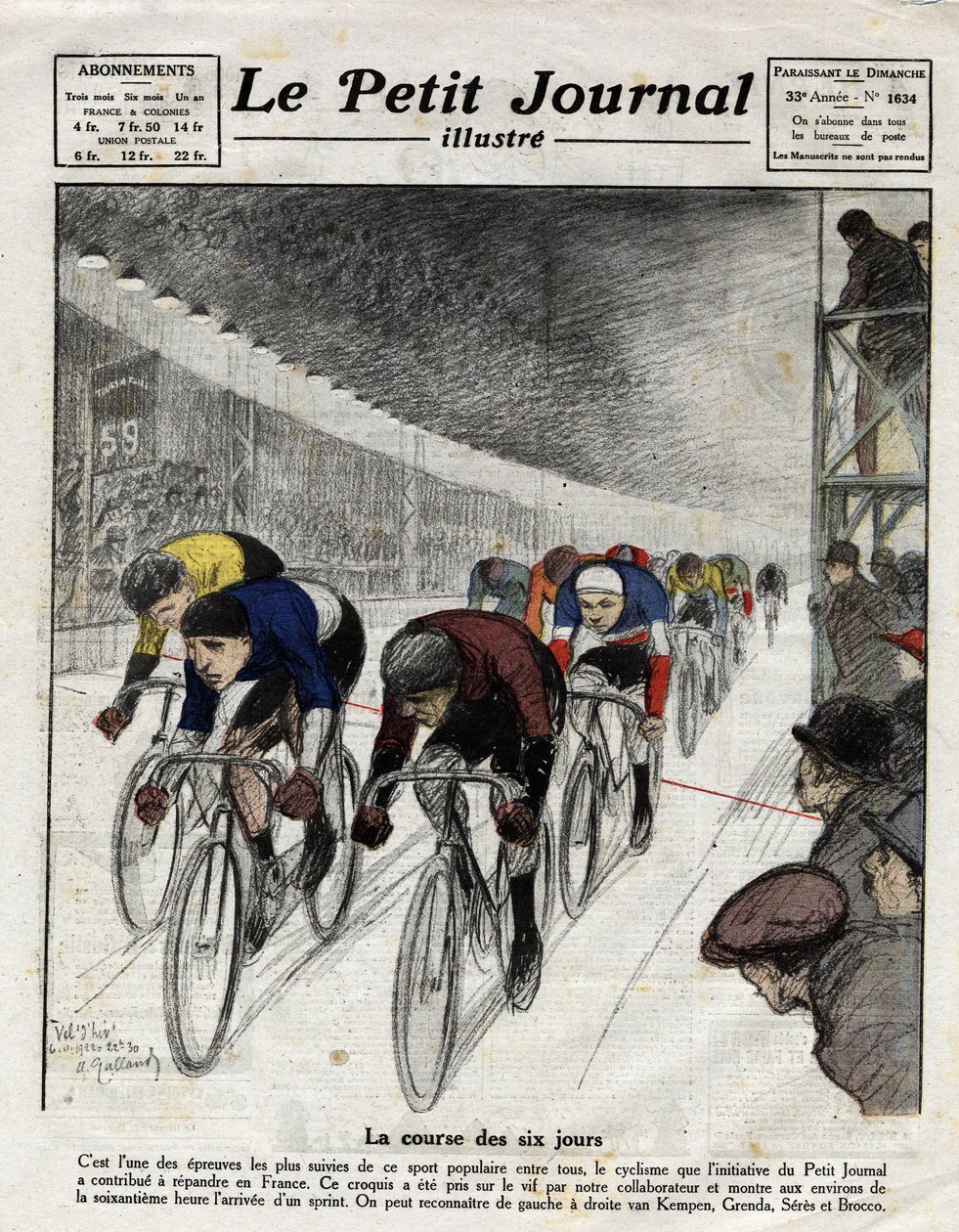 Seksdagesløbet: Piet van Kempen (1898-1985), Alfred Grenda, Seres og Maurice Brocco (1883-1965) under spurten. Indgravering i Le Petit Journal illustre, den 16/04/1922 af Anonymous Anonymous