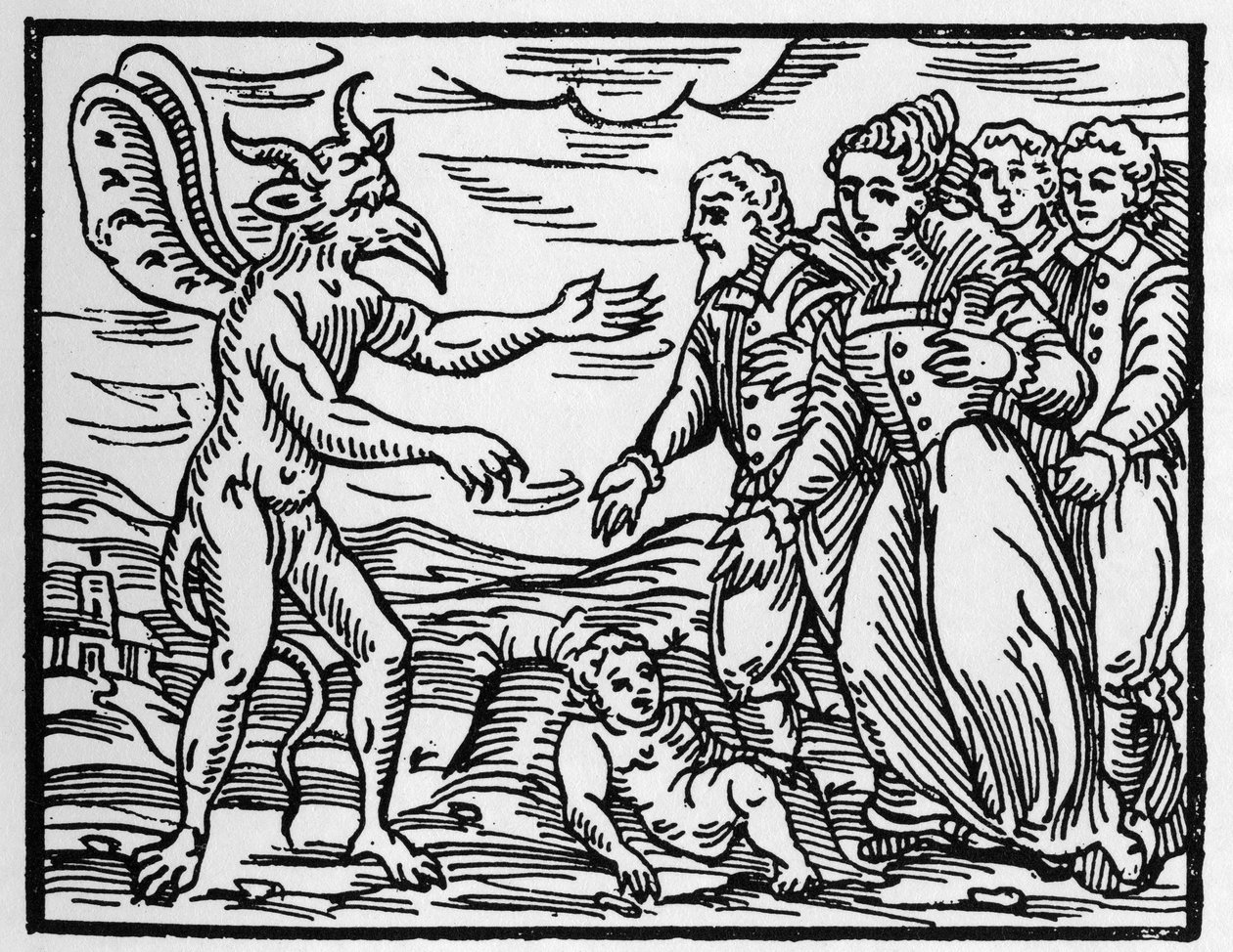Troldmændene, der præsenterer et barn for djævelen - "" Compendium Maleficarum"", handler om hekse, deres ondskab og deres sortileges af Francesco Maria Guazzo eller Guaccio eller Guaccius (15?? -16??) 1608 privatsamling af Anonymous Anonymous
