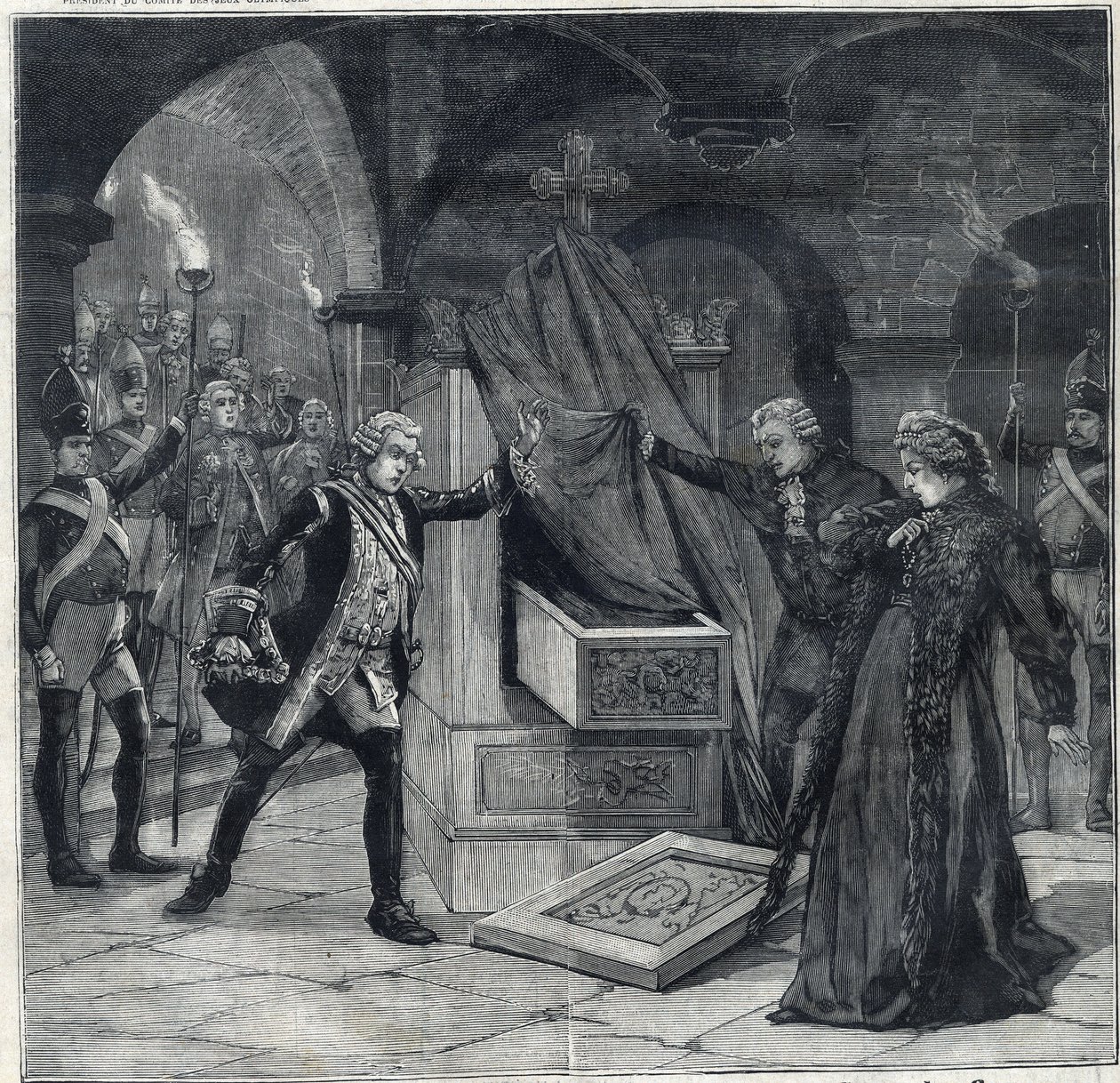 Scenen af kældre i stykket "" Catherine of Russia"" på teatret af Cathelet Paul Ginisty (1855-1932) og Charles Samson (1894-1895). Gravering i "" Le Petro Parisien"" af Anonymous Anonymous